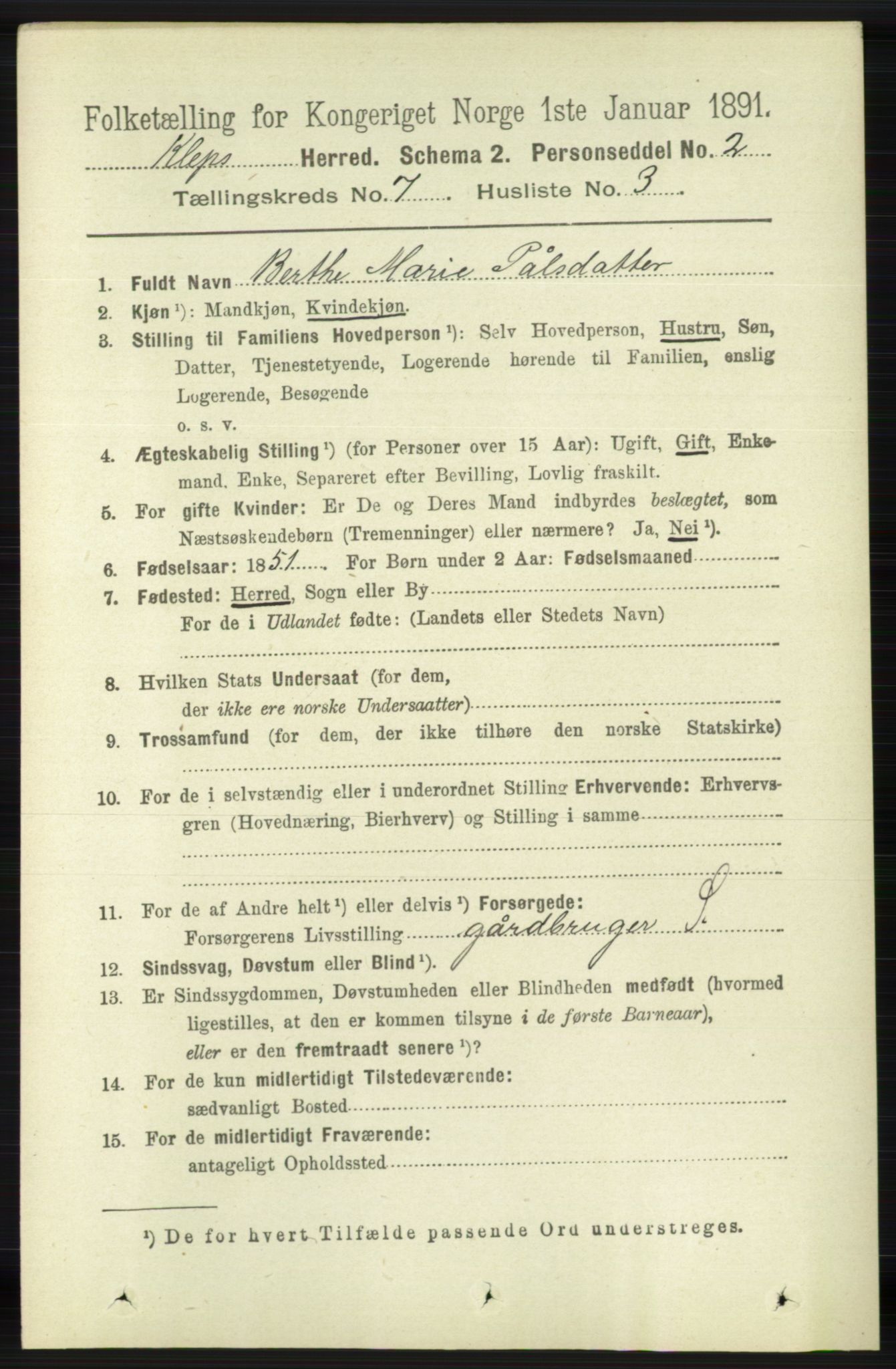 RA, 1891 census for 1120 Klepp, 1891, p. 2127