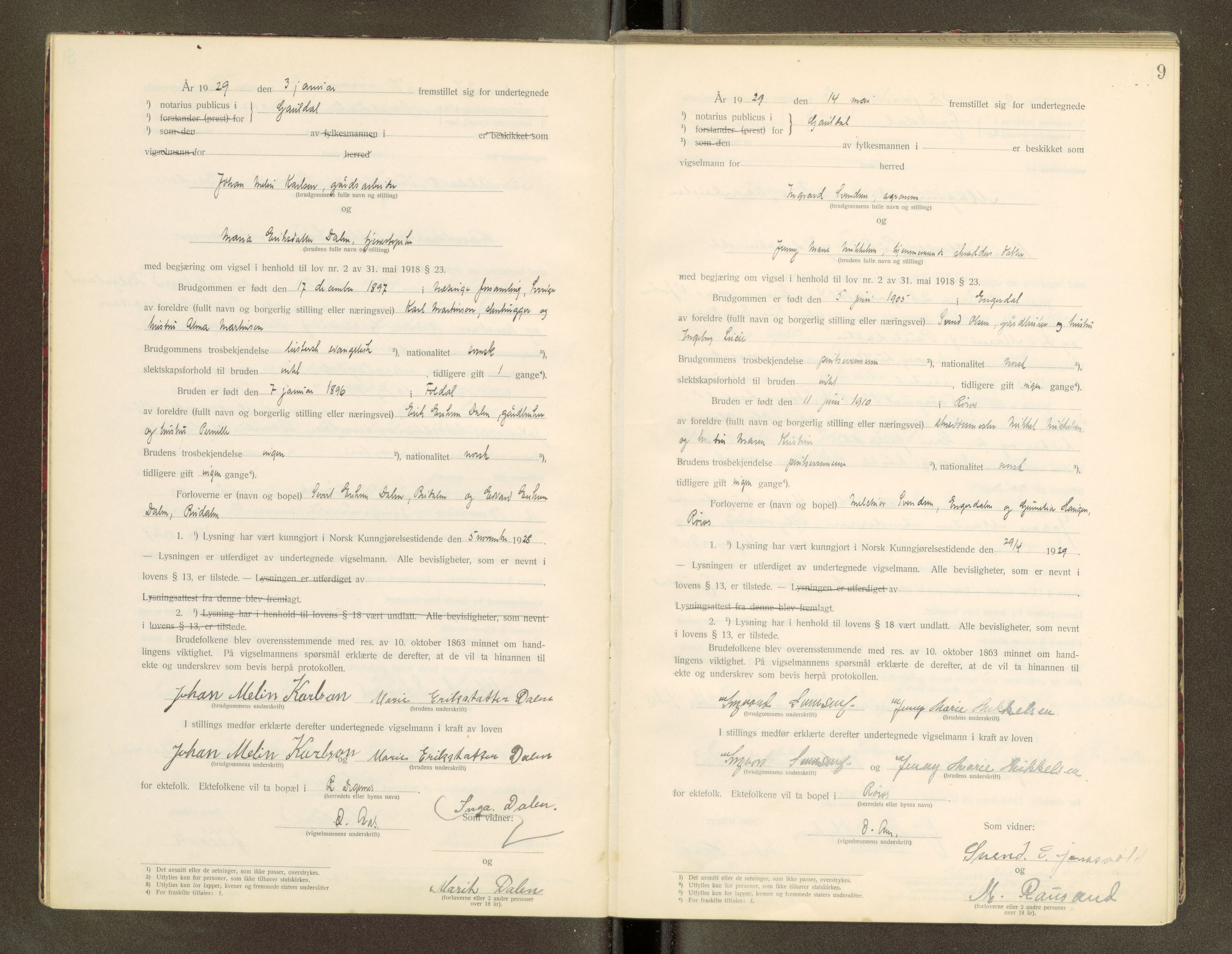 Gauldal sorenskriveri, SAT/A-0014/1/6/6C/L0001: Vigselbok, 1920-1943, p. 9