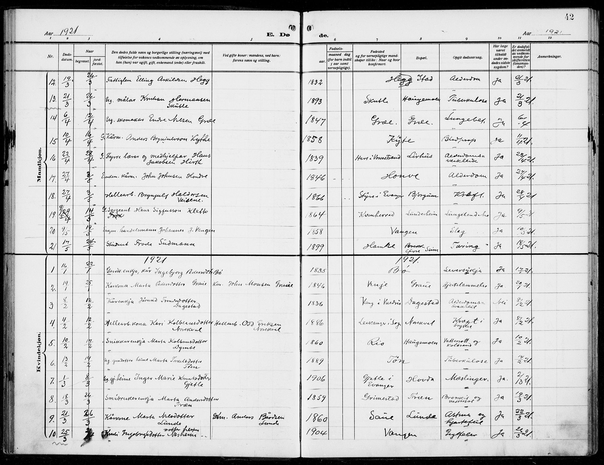 Voss sokneprestembete, SAB/A-79001/H/Haa: Parish register (official) no. D  2, 1910-1932, p. 42