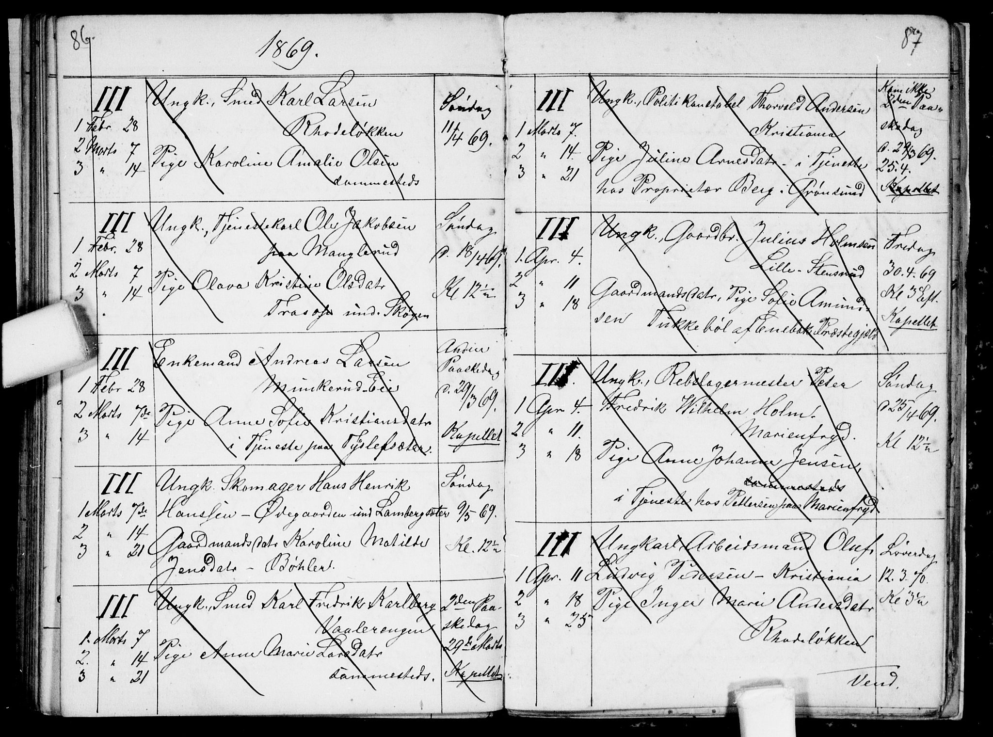 Østre Aker prestekontor Kirkebøker, SAO/A-10840/H/Ha/L0002: Banns register no. I 2, 1861-1872, p. 86-87