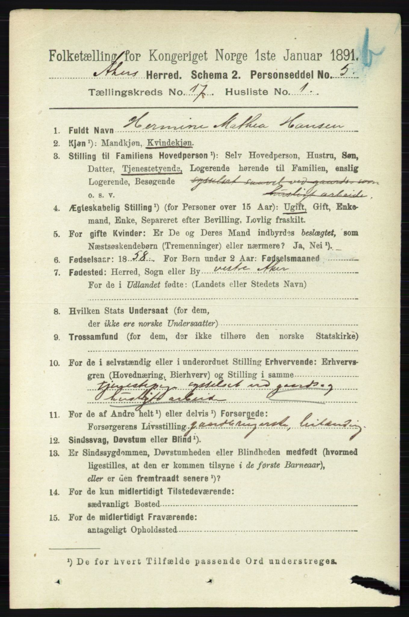 RA, 1891 census for 0218 Aker, 1891, p. 15853