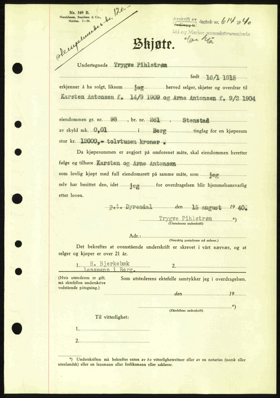 Idd og Marker sorenskriveri, AV/SAO-A-10283/G/Gb/Gbb/L0004: Mortgage book no. A4, 1940-1941, Diary no: : 614/1940