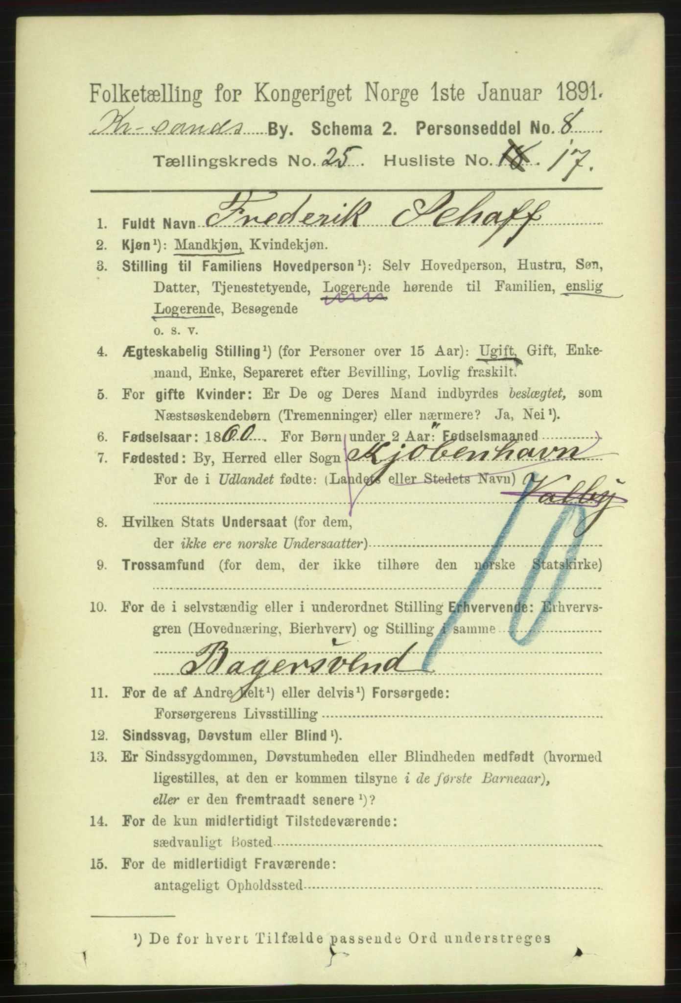 RA, 1891 census for 1001 Kristiansand, 1891, p. 8875