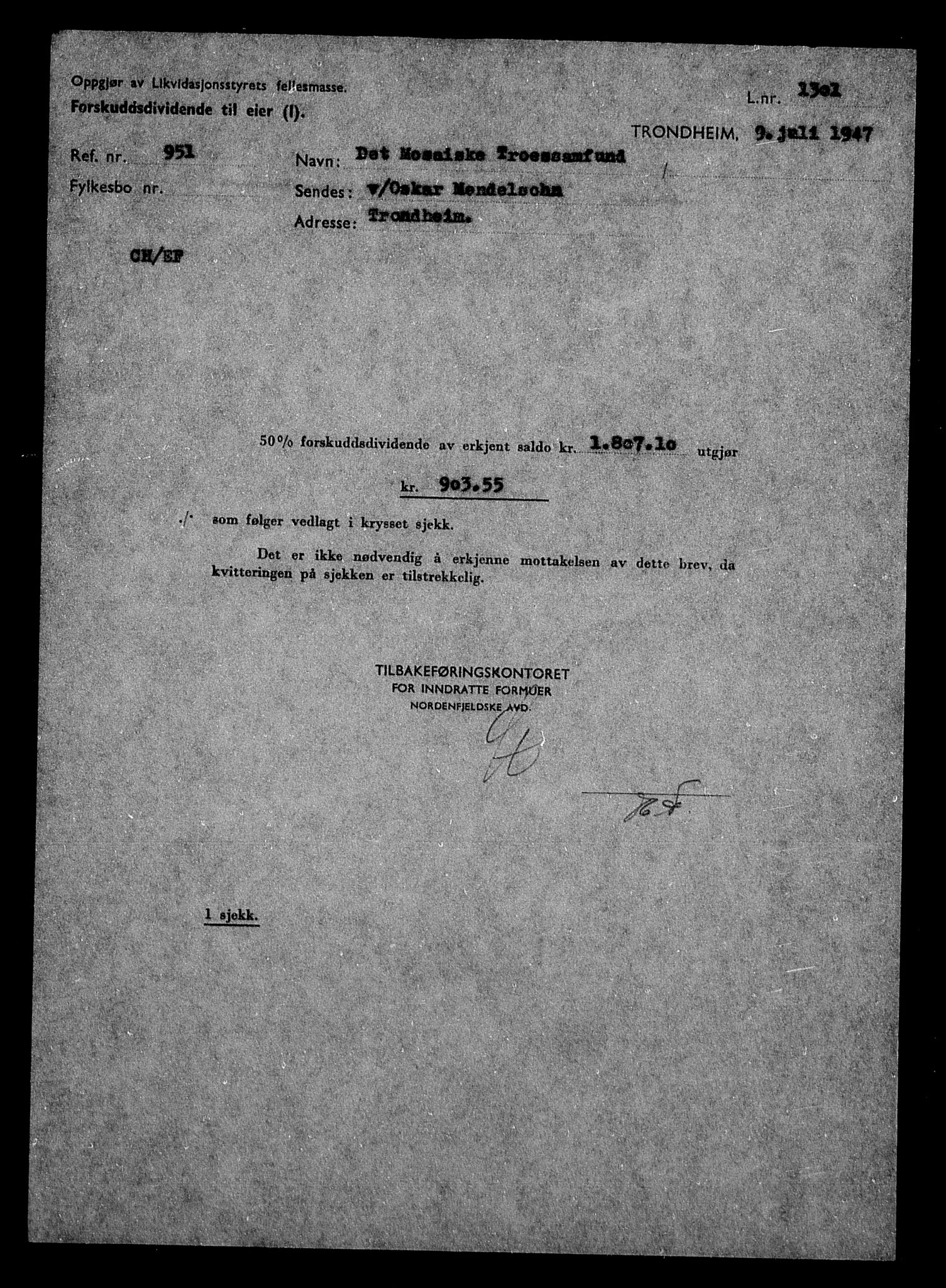 Justisdepartementet, Tilbakeføringskontoret for inndratte formuer, RA/S-1564/H/Hc/Hca/L0906: --, 1945-1947, p. 99