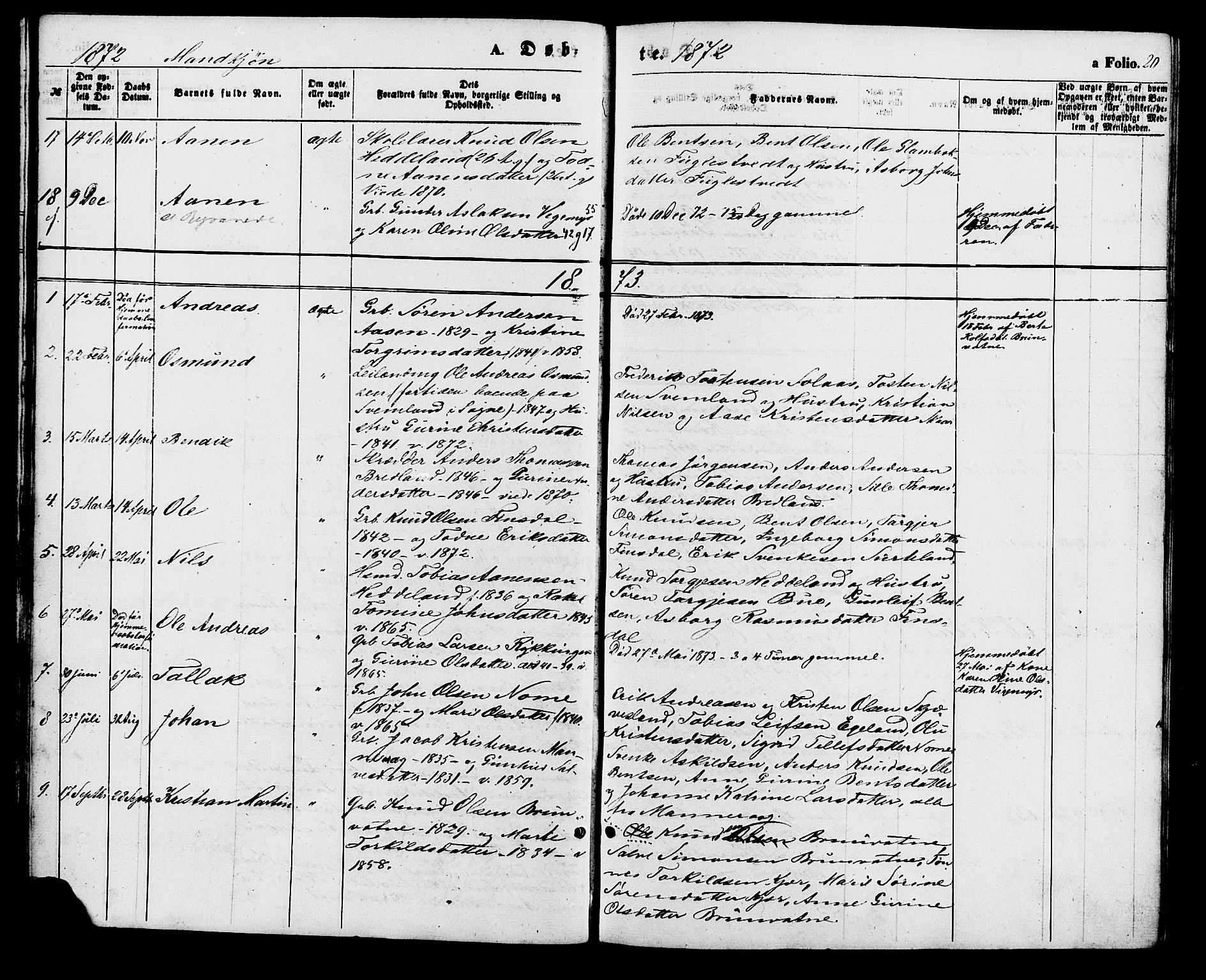 Holum sokneprestkontor, AV/SAK-1111-0022/F/Fa/Fac/L0003: Parish register (official) no. A 3, 1860-1883, p. 20