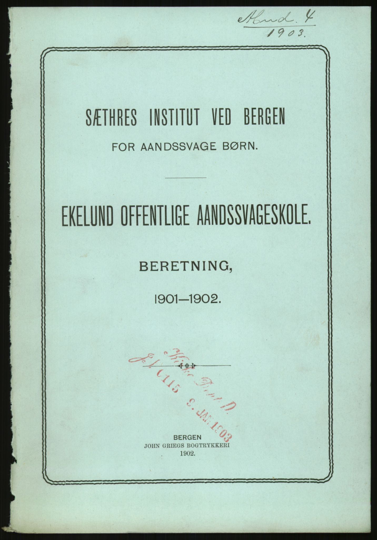 Kirke- og undervisningsdepartementet, 1. skolekontor D, AV/RA-S-1021/F/Fh/Fhr/L0098: Eikelund off. skole for evneveike, 1897-1947, p. 1020