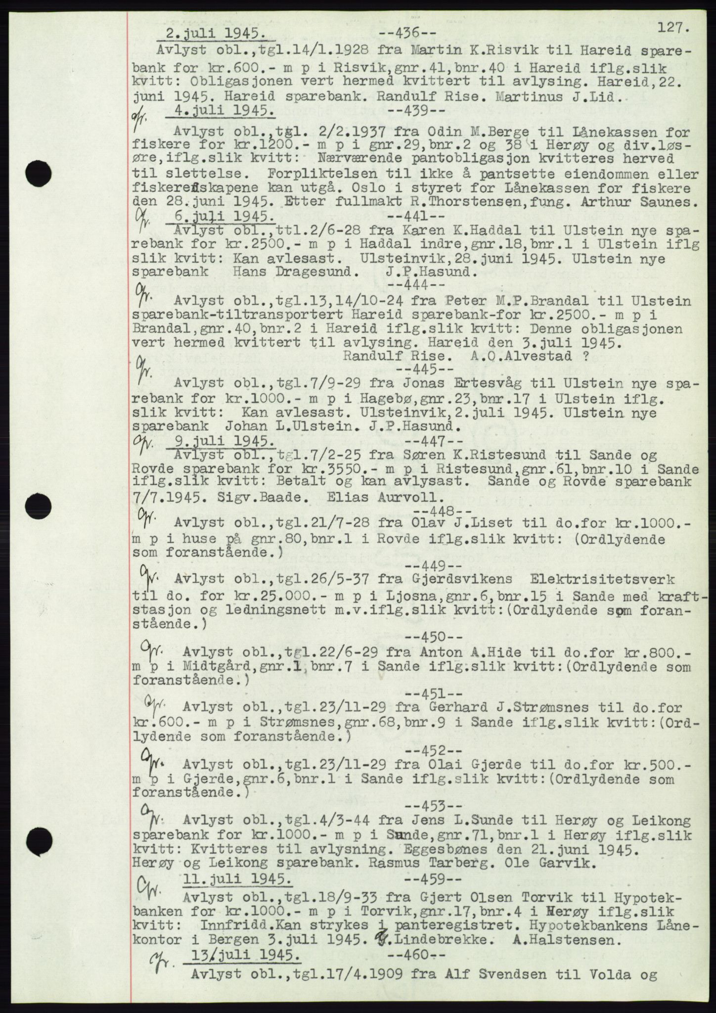 Søre Sunnmøre sorenskriveri, AV/SAT-A-4122/1/2/2C/L0072: Mortgage book no. 66, 1941-1955, Diary no: : 436/1945