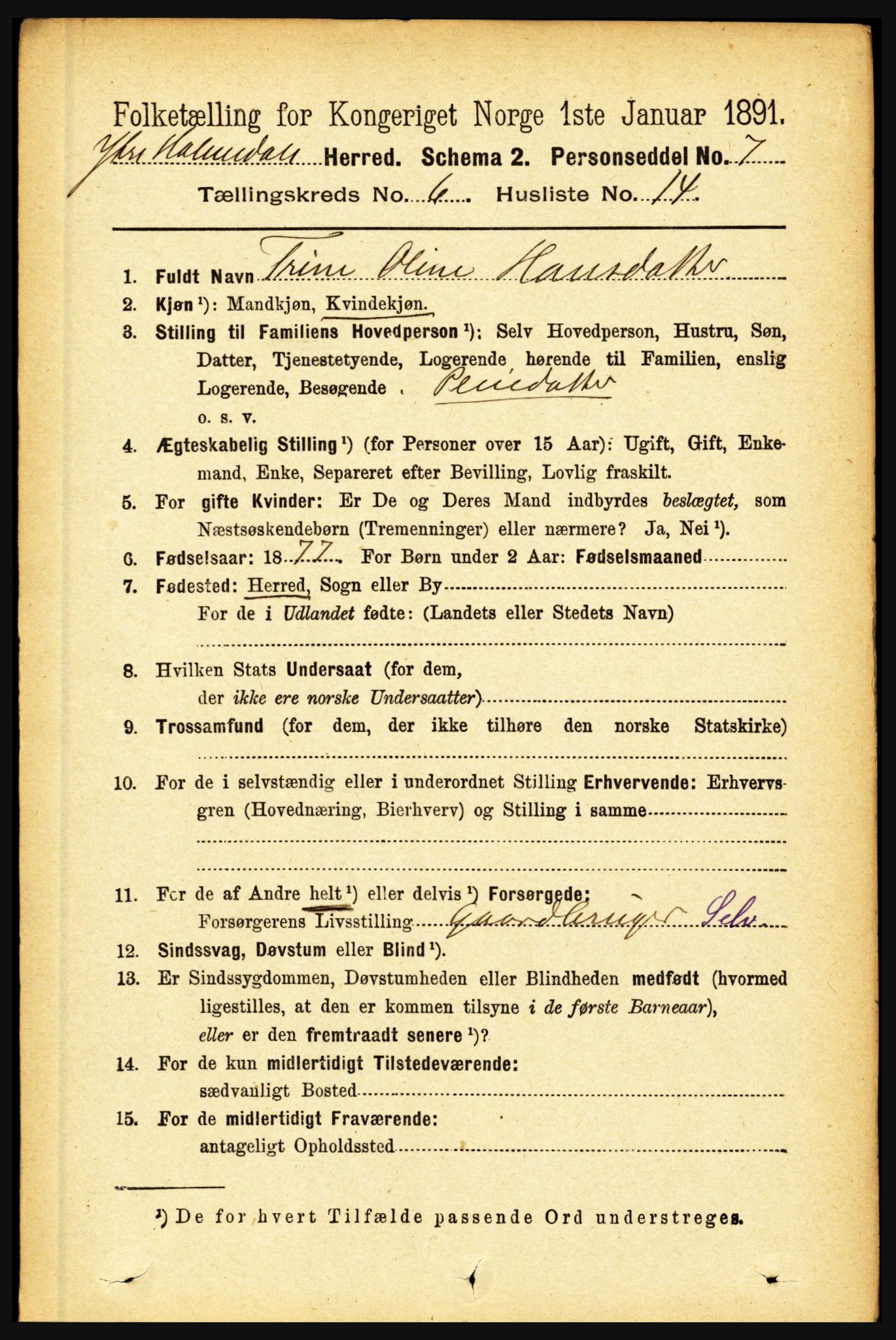 RA, 1891 census for 1429 Ytre Holmedal, 1891, p. 1395