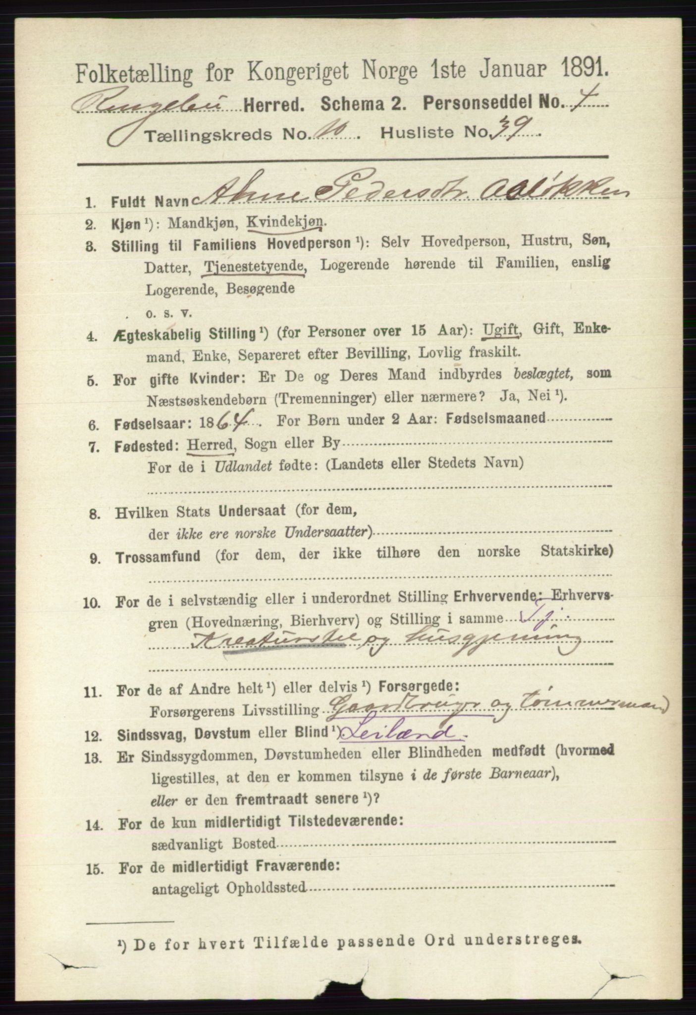 RA, 1891 census for 0520 Ringebu, 1891, p. 5104