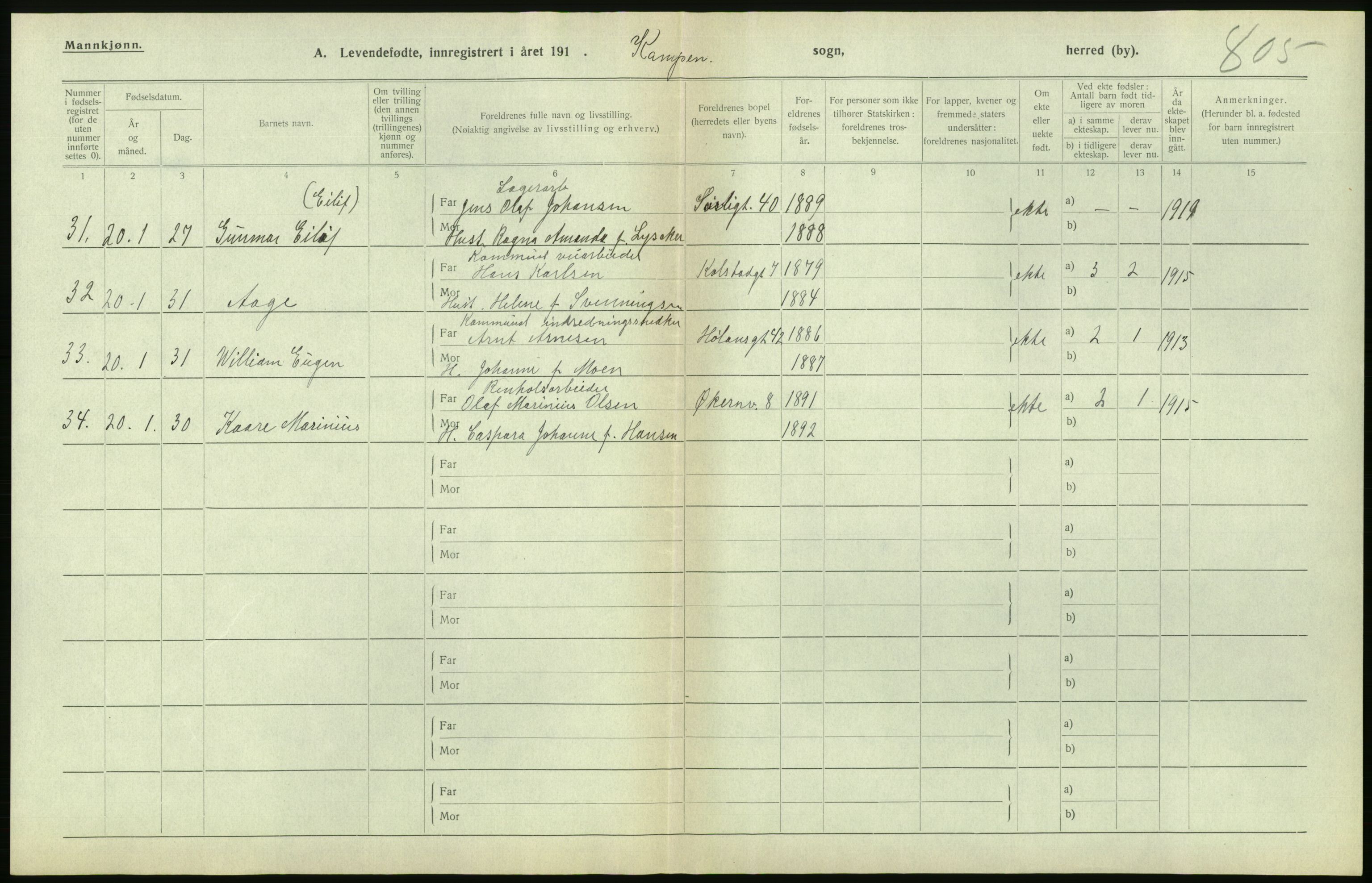 Statistisk sentralbyrå, Sosiodemografiske emner, Befolkning, RA/S-2228/D/Df/Dfb/Dfbj/L0008: Kristiania: Levendefødte menn og kvinner., 1920, p. 190