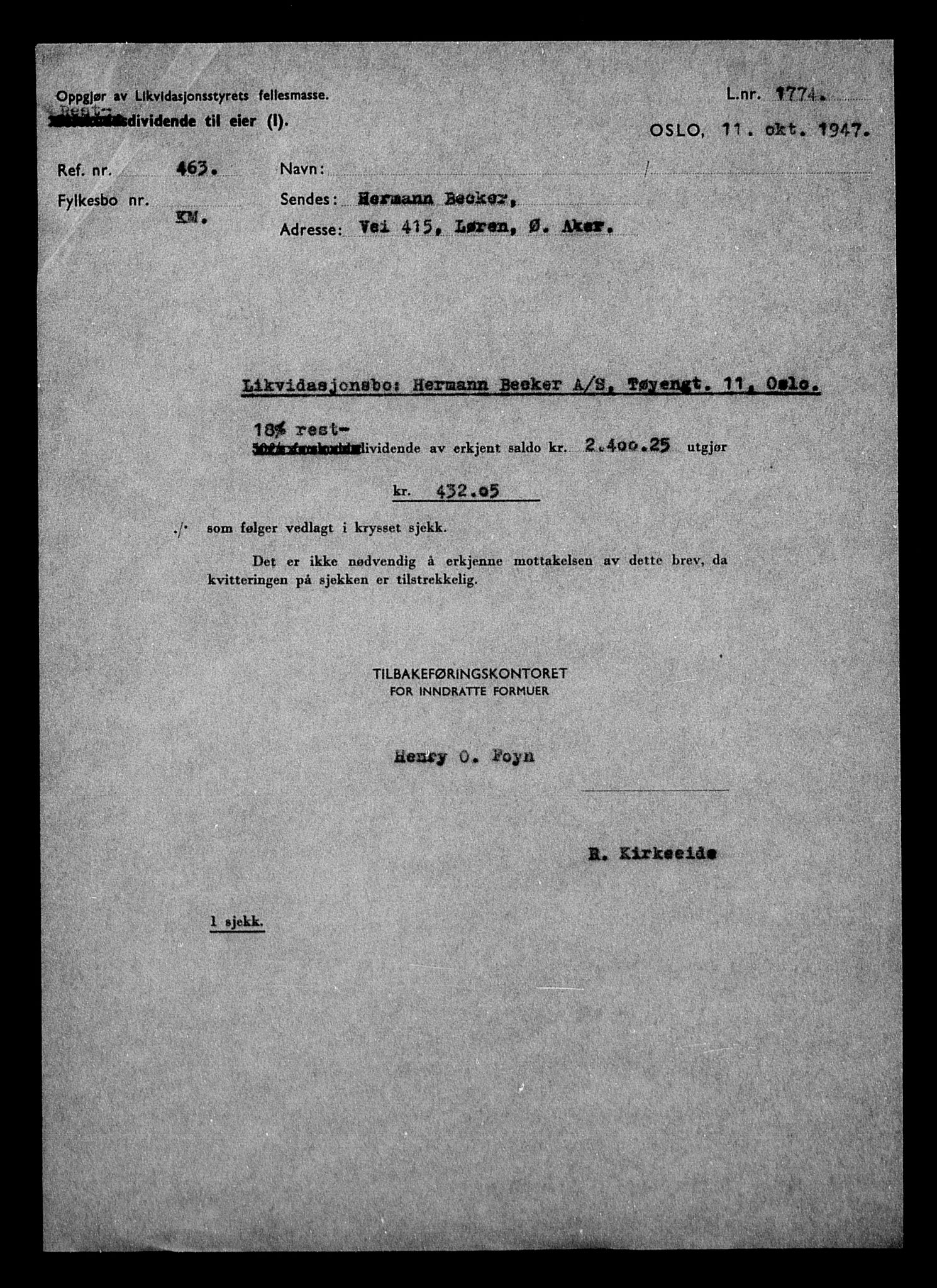 Justisdepartementet, Tilbakeføringskontoret for inndratte formuer, AV/RA-S-1564/H/Hc/Hcc/L0919: --, 1945-1947, p. 97