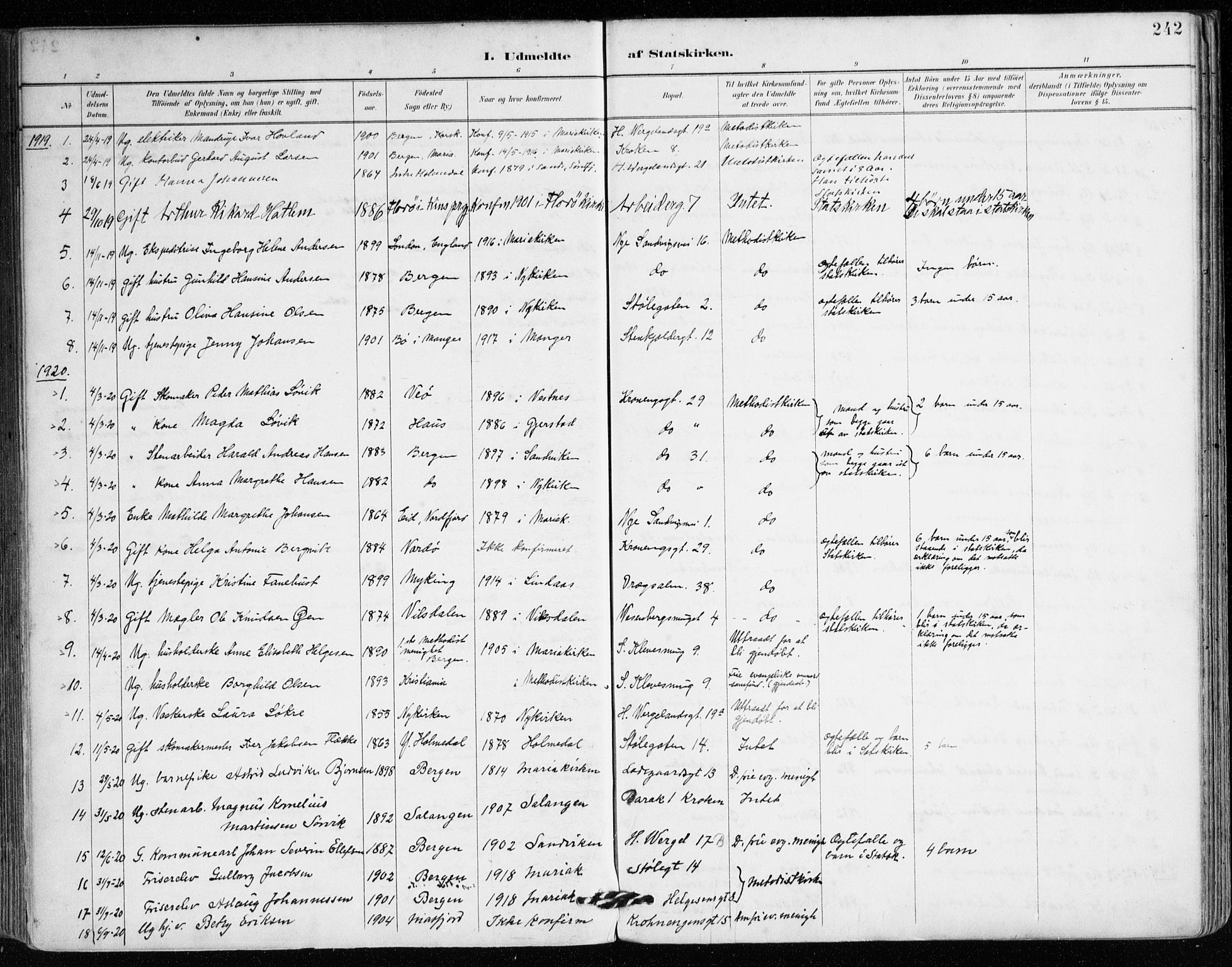 Mariakirken Sokneprestembete, AV/SAB-A-76901/H/Haa/L0008: Parish register (official) no. A 8, 1893-1942, p. 242