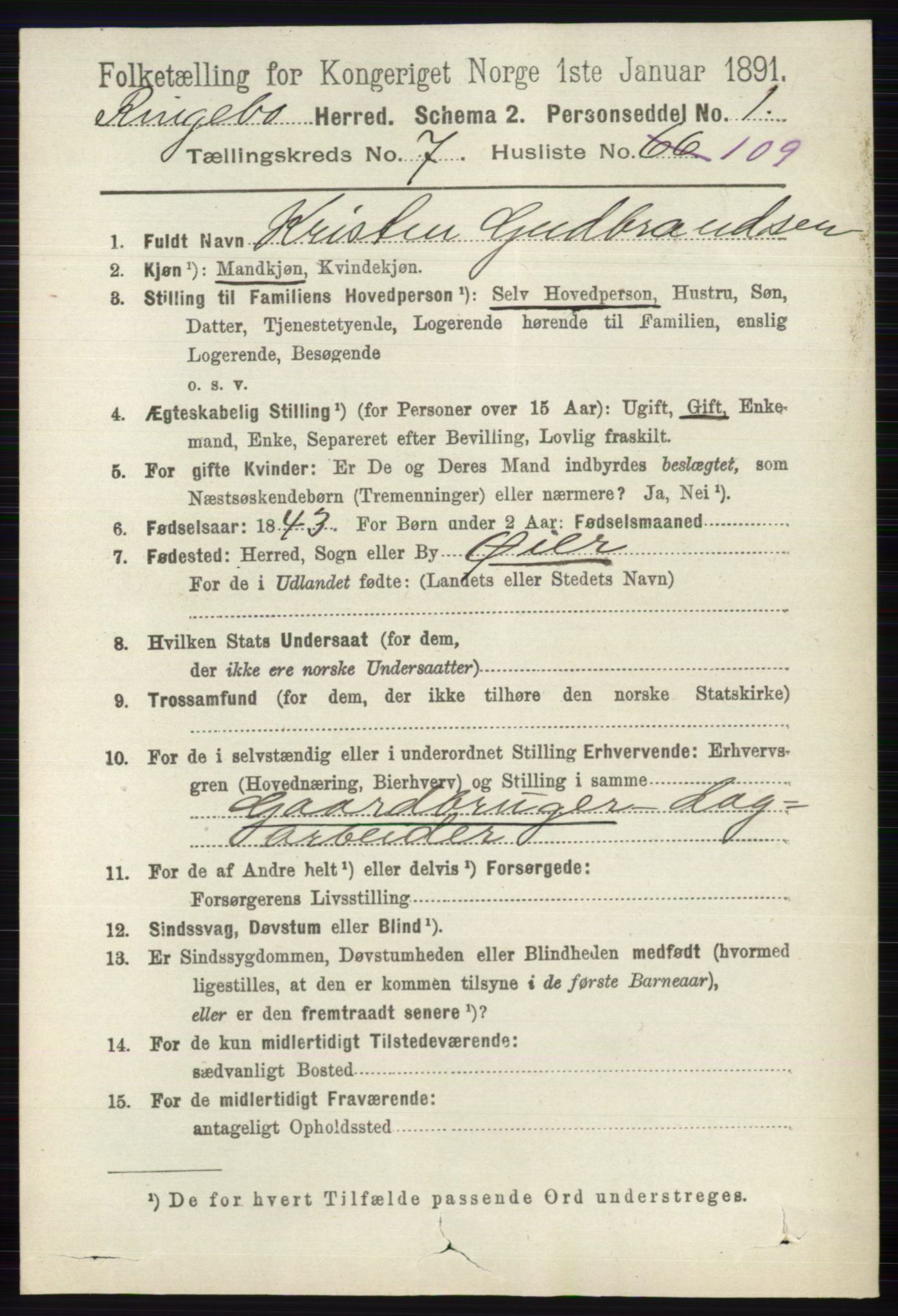 RA, 1891 census for 0520 Ringebu, 1891, p. 3574