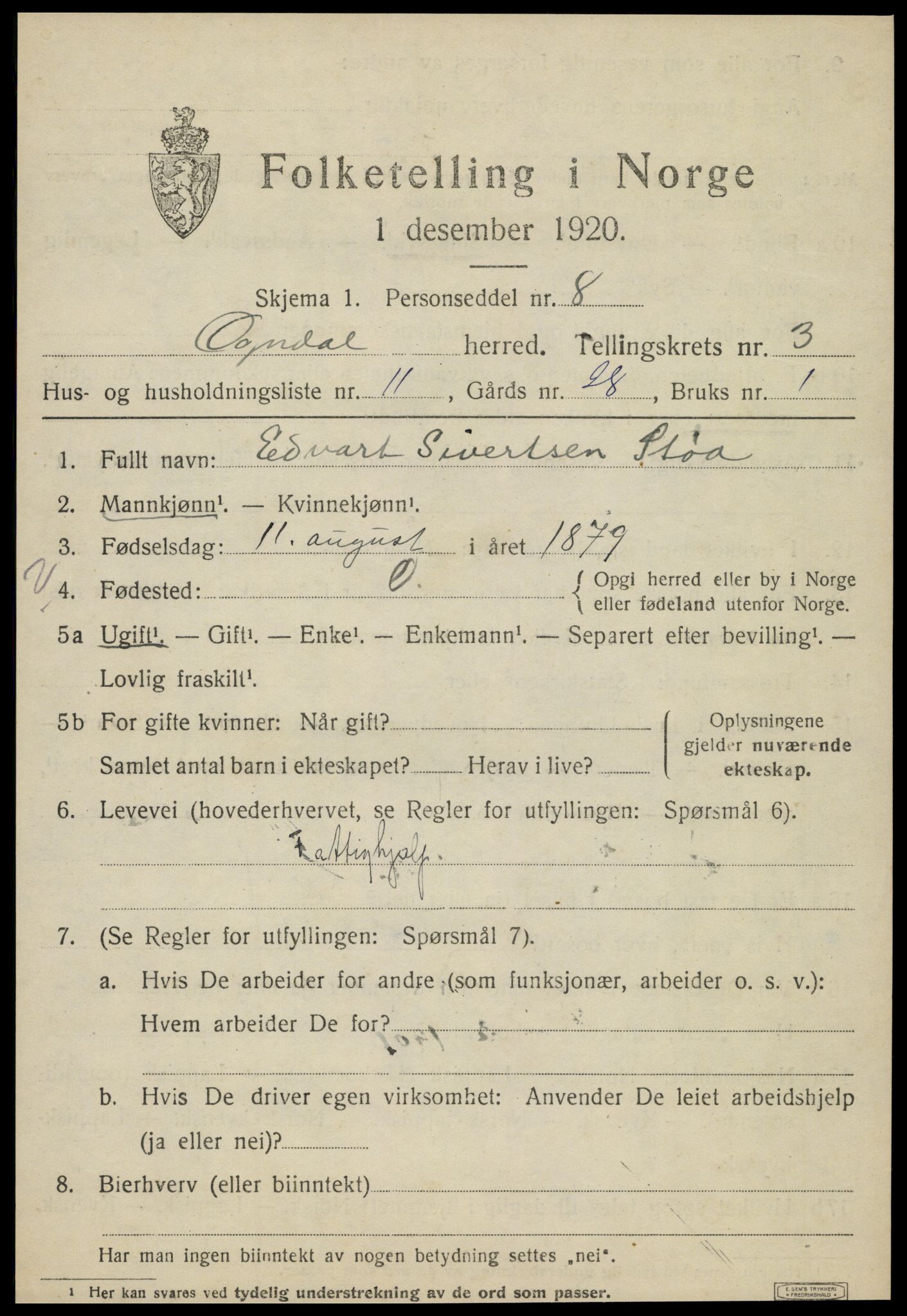 SAT, 1920 census for Ogndal, 1920, p. 1319