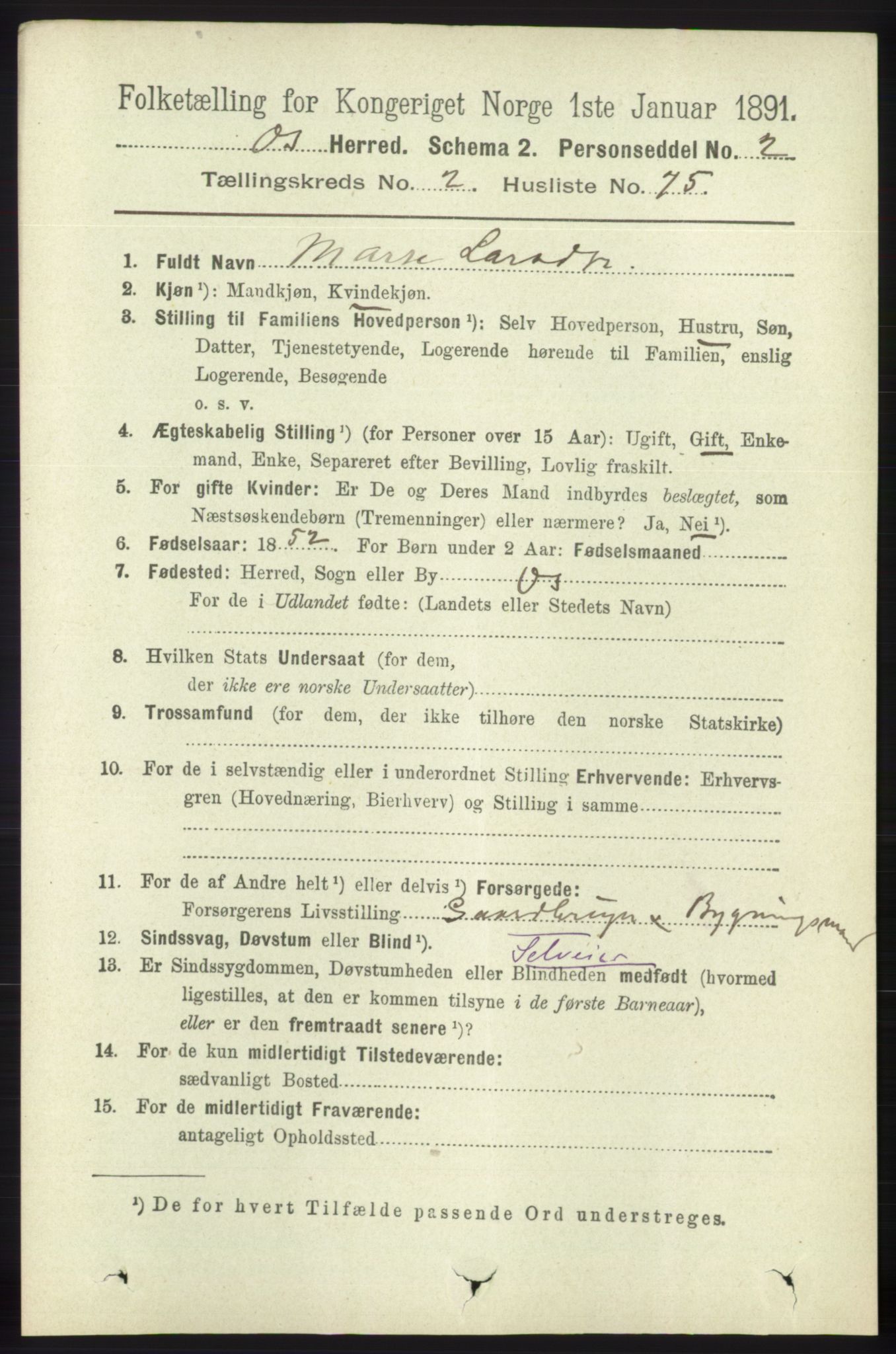 RA, 1891 census for 1243 Os, 1891, p. 852