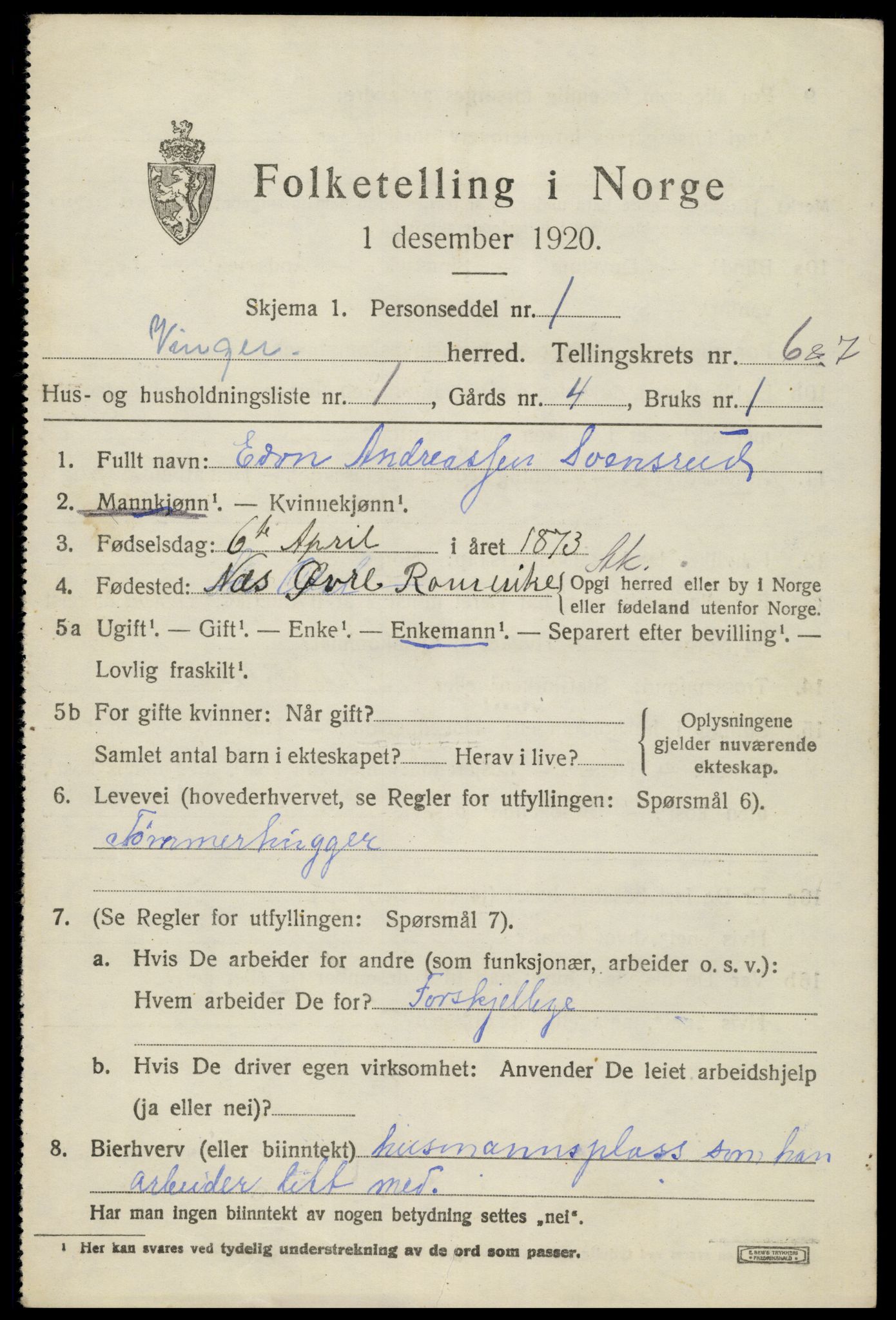 SAH, 1920 census for Vinger, 1920, p. 5974