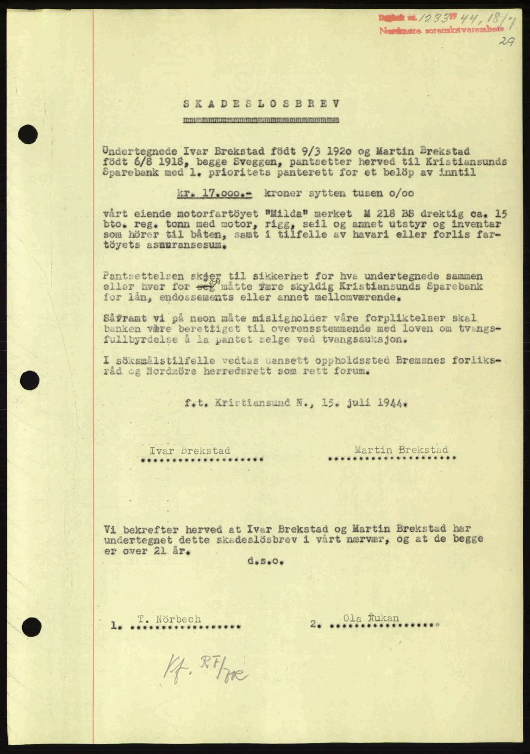 Nordmøre sorenskriveri, AV/SAT-A-4132/1/2/2Ca: Mortgage book no. B92, 1944-1945, Diary no: : 1233/1944