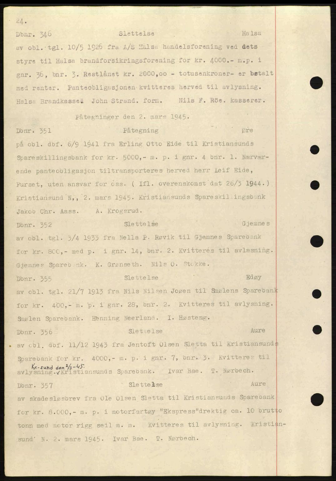 Nordmøre sorenskriveri, AV/SAT-A-4132/1/2/2Ca: Mortgage book no. C82a, 1945-1946, Diary no: : 346/1945