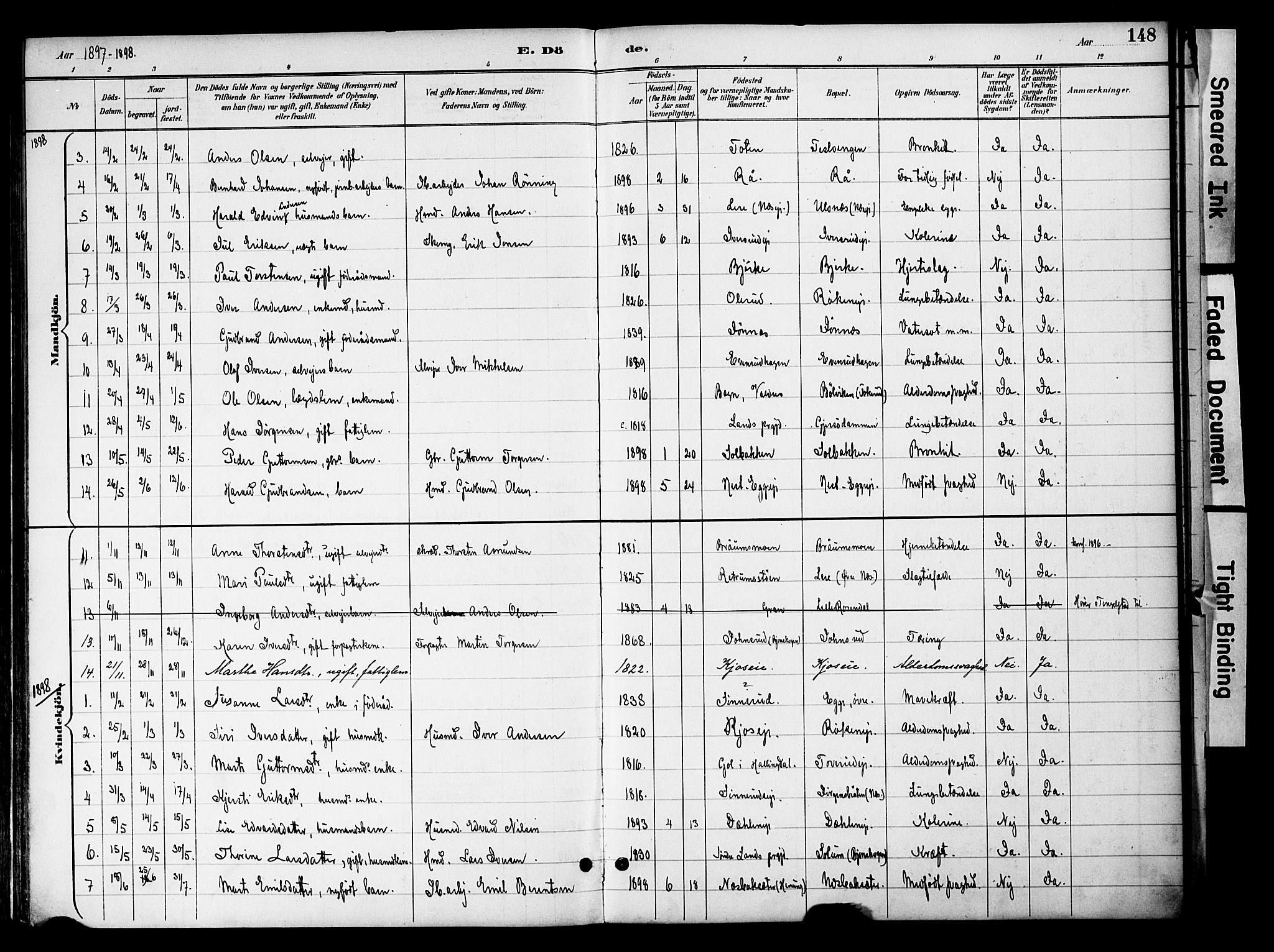 Gran prestekontor, SAH/PREST-112/H/Ha/Haa/L0020: Parish register (official) no. 20, 1889-1899, p. 148