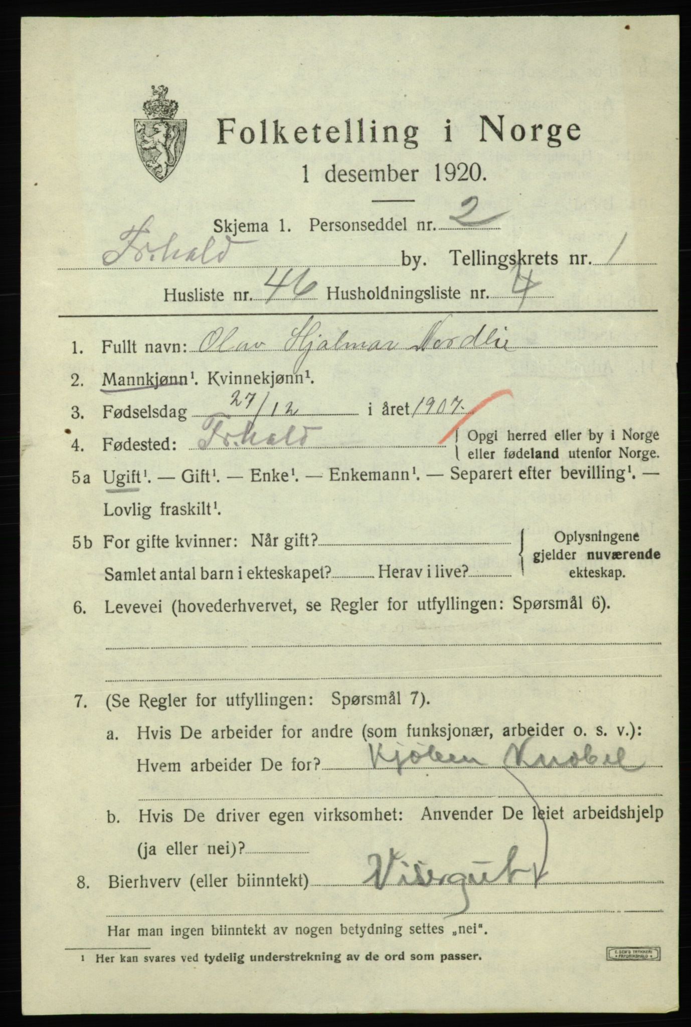 SAO, 1920 census for Fredrikshald, 1920, p. 9007