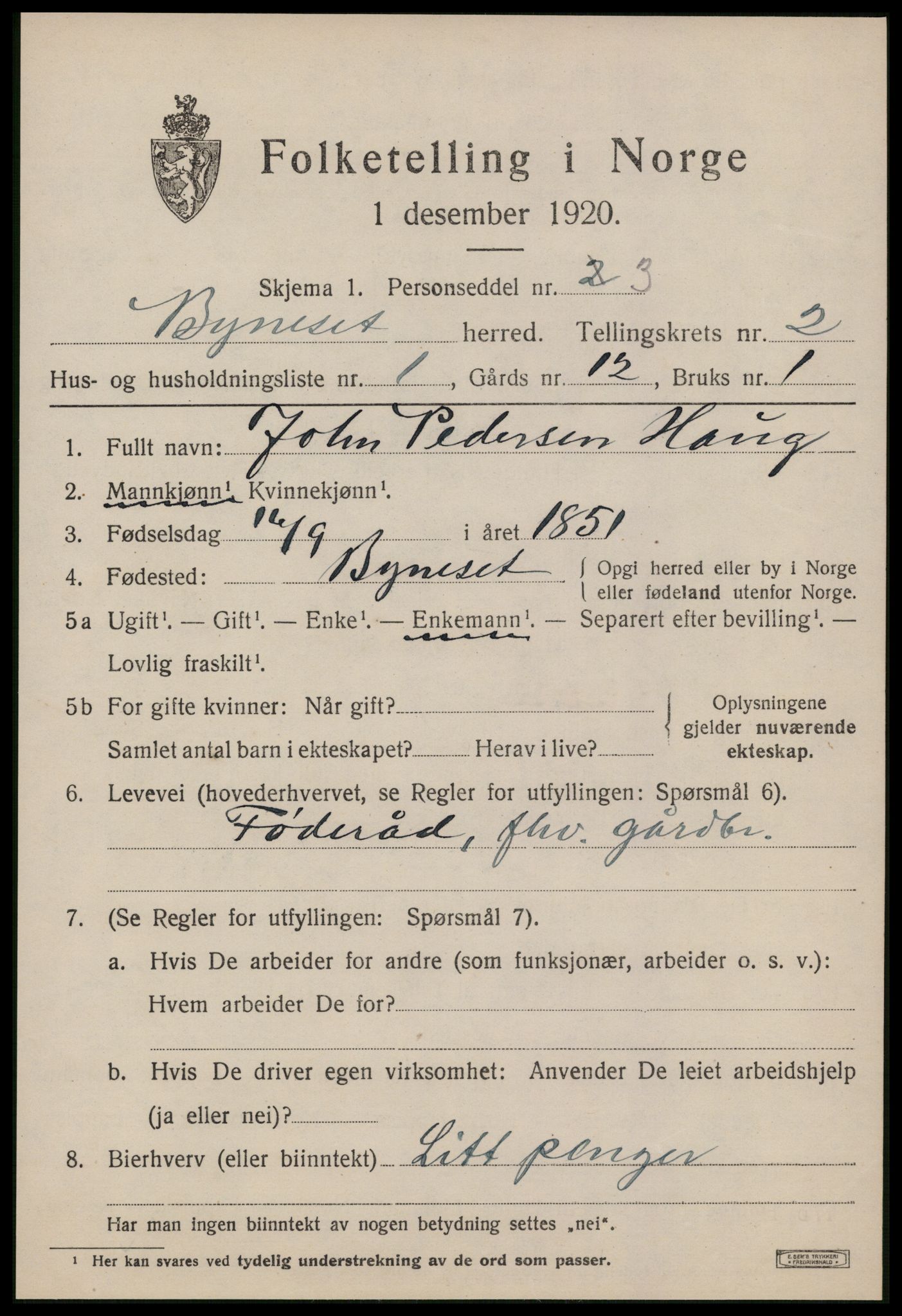 SAT, 1920 census for Byneset, 1920, p. 1232