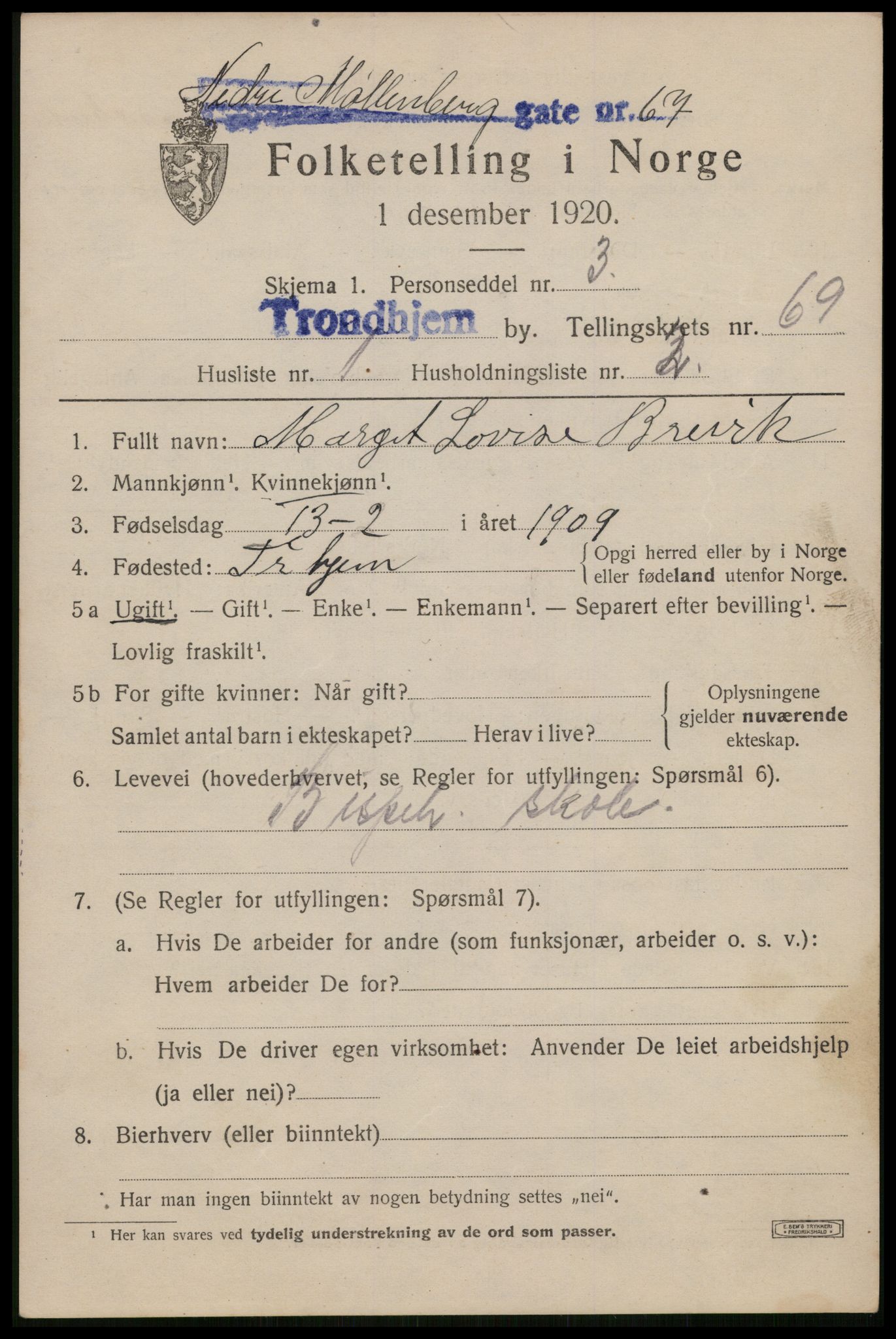 SAT, 1920 census for Trondheim, 1920, p. 135906