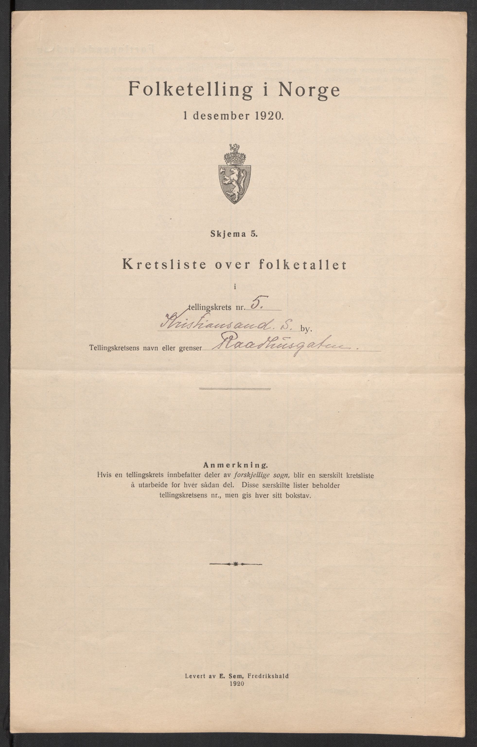 SAK, 1920 census for Kristiansand, 1920, p. 19