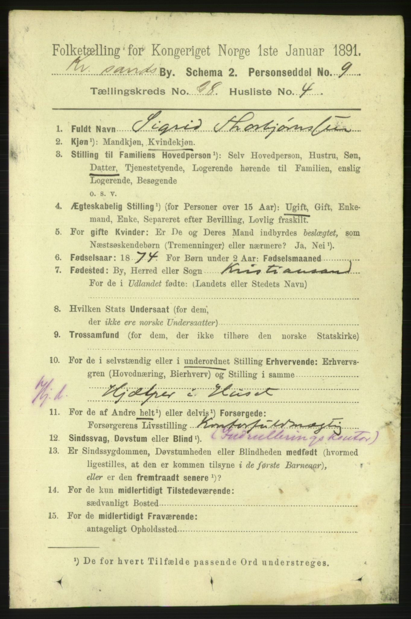 RA, 1891 census for 1001 Kristiansand, 1891, p. 9533