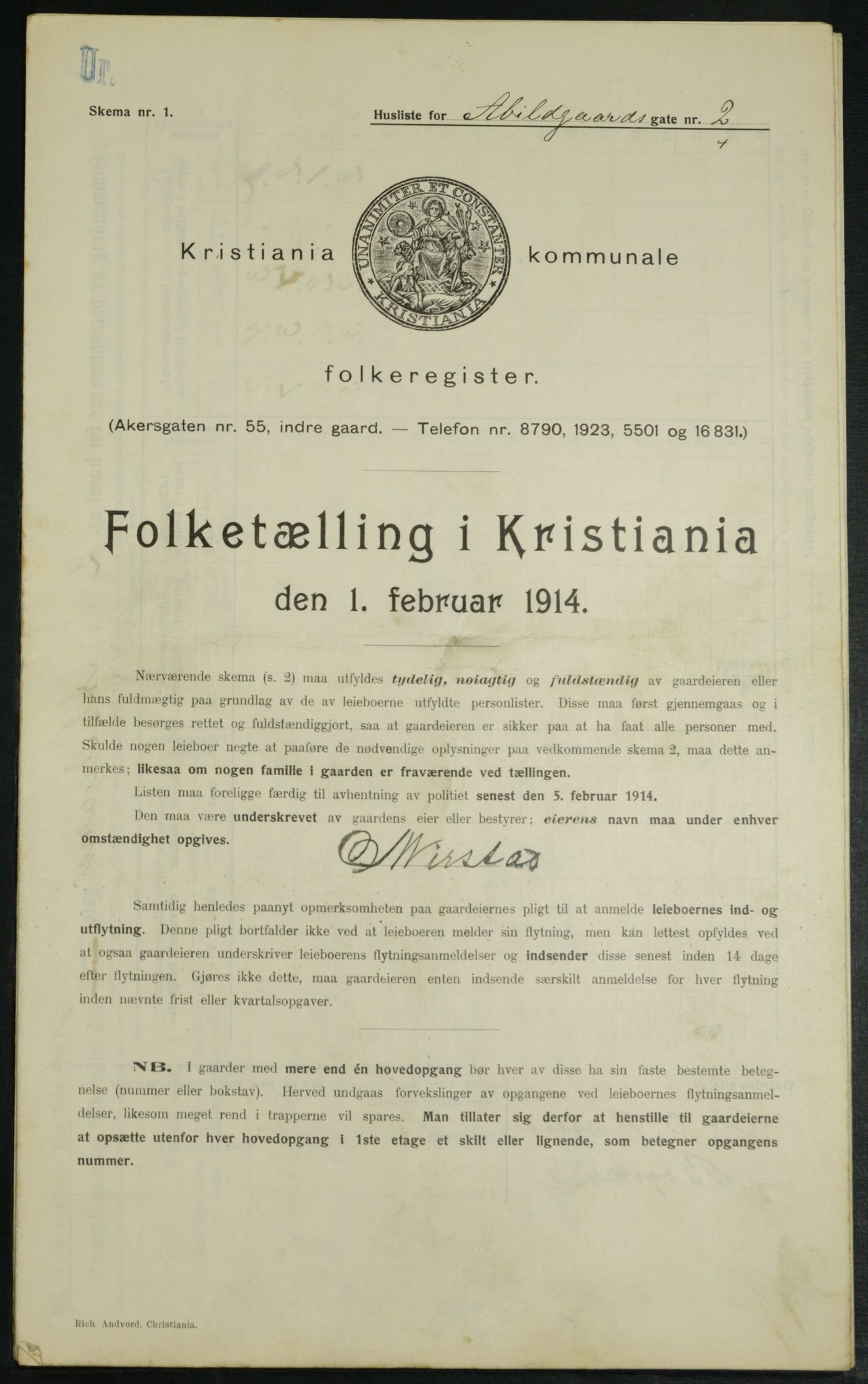 OBA, Municipal Census 1914 for Kristiania, 1914, p. 2
