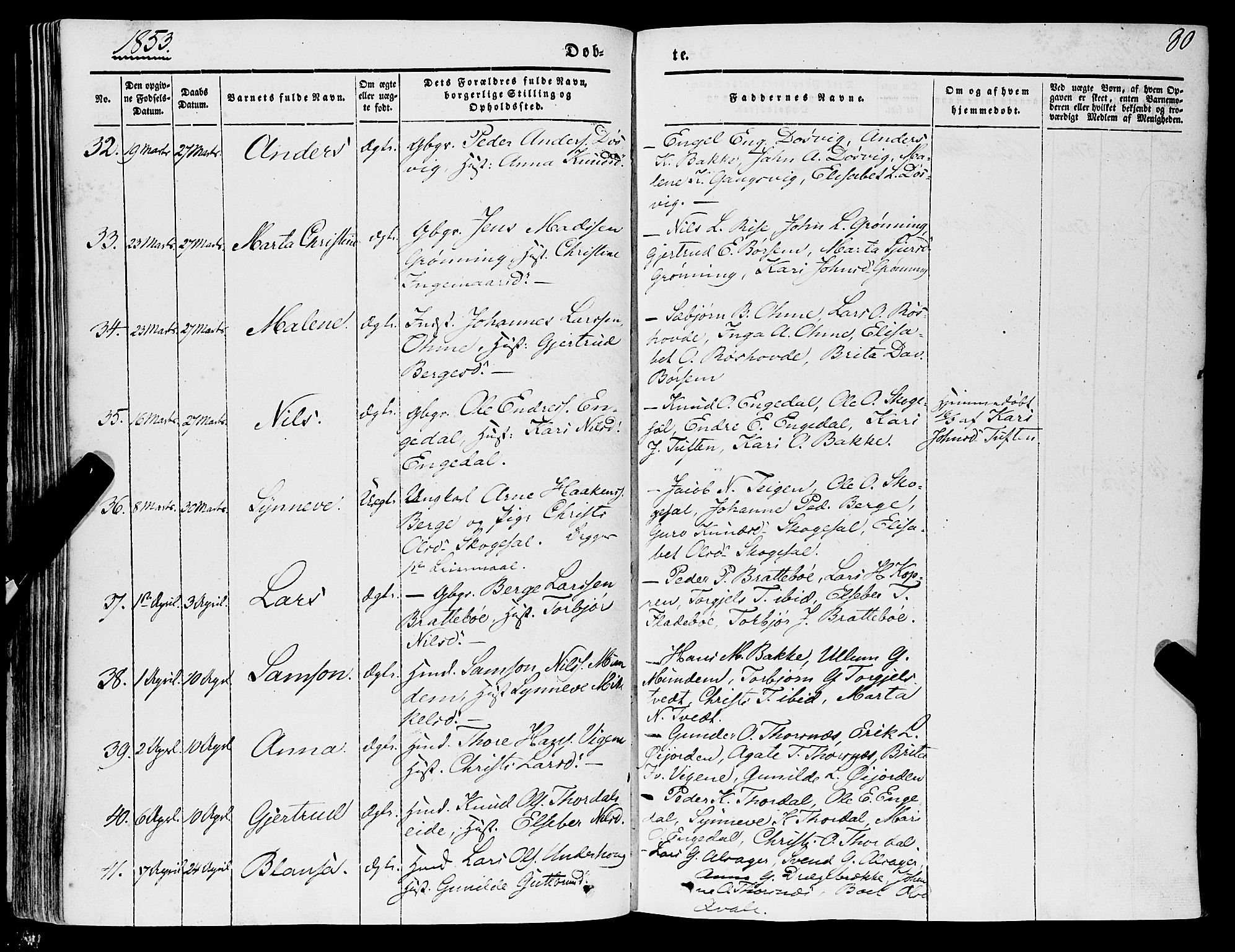 Strandebarm sokneprestembete, SAB/A-78401/H/Haa: Parish register (official) no. A 7, 1844-1872, p. 80