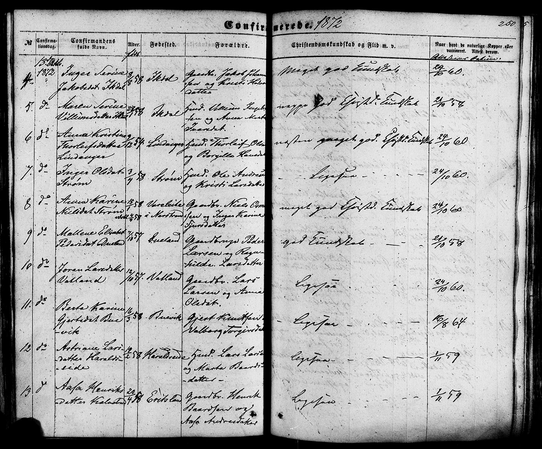 Skjold sokneprestkontor, AV/SAST-A-101847/H/Ha/Haa/L0008: Parish register (official) no. A 8, 1856-1882, p. 250