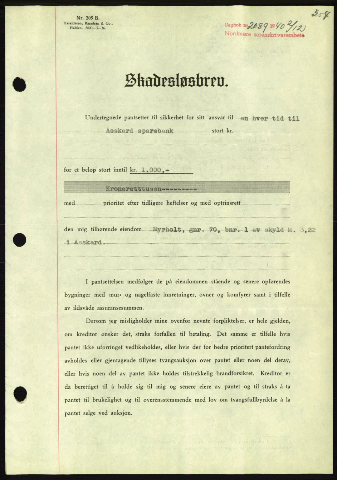 Nordmøre sorenskriveri, AV/SAT-A-4132/1/2/2Ca: Mortgage book no. B87, 1940-1941, Diary no: : 2089/1940