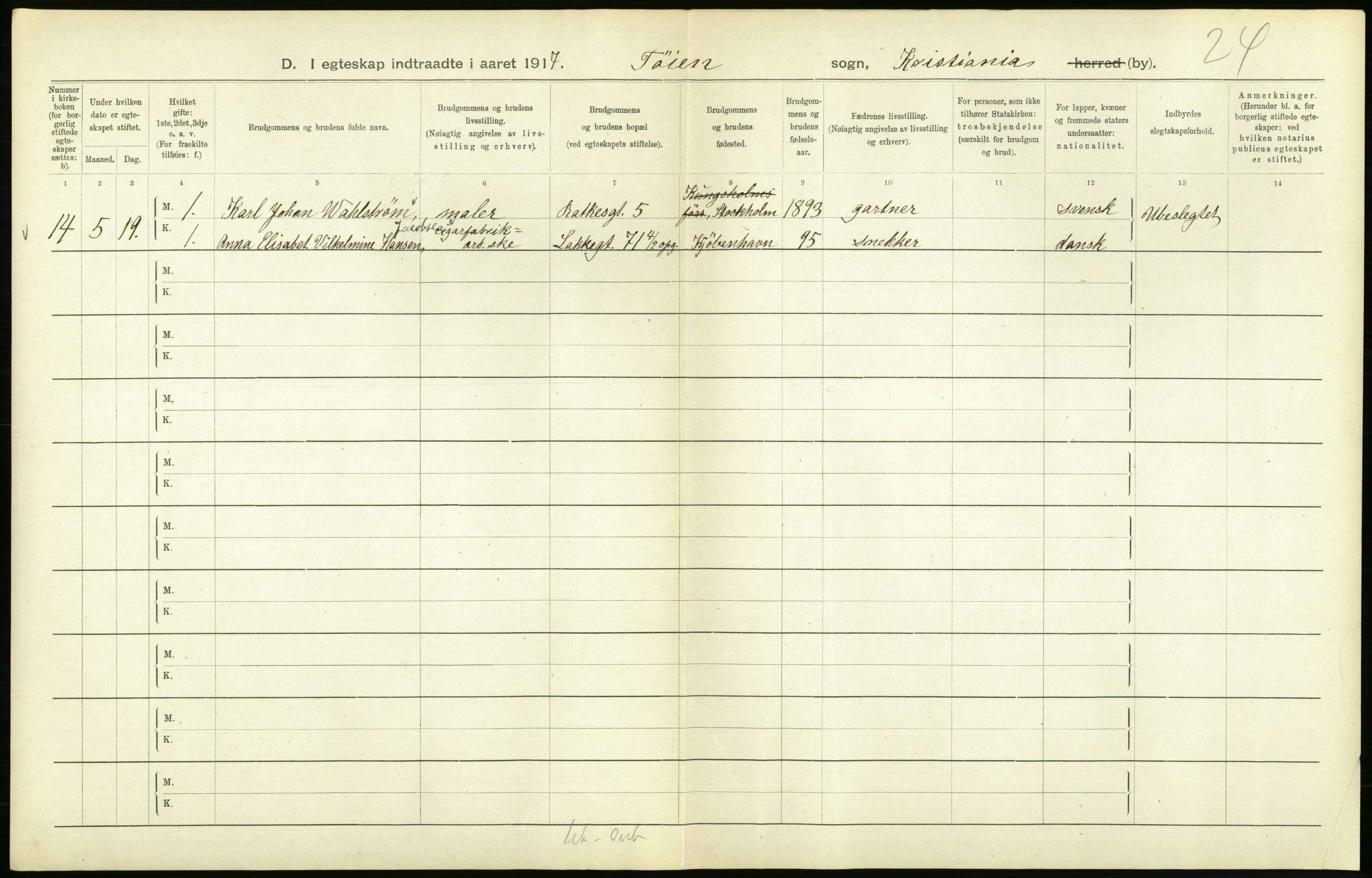 Statistisk sentralbyrå, Sosiodemografiske emner, Befolkning, AV/RA-S-2228/D/Df/Dfb/Dfbg/L0009: Kristiania: Gifte, 1917, p. 322