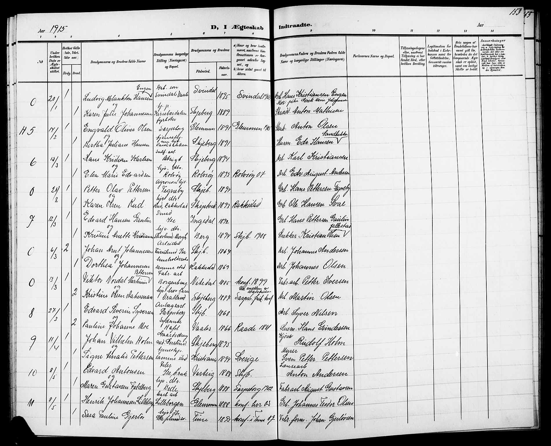 Skjeberg prestekontor Kirkebøker, SAO/A-10923/G/Ga/L0002: Parish register (copy) no. I 2, 1901-1924, p. 153