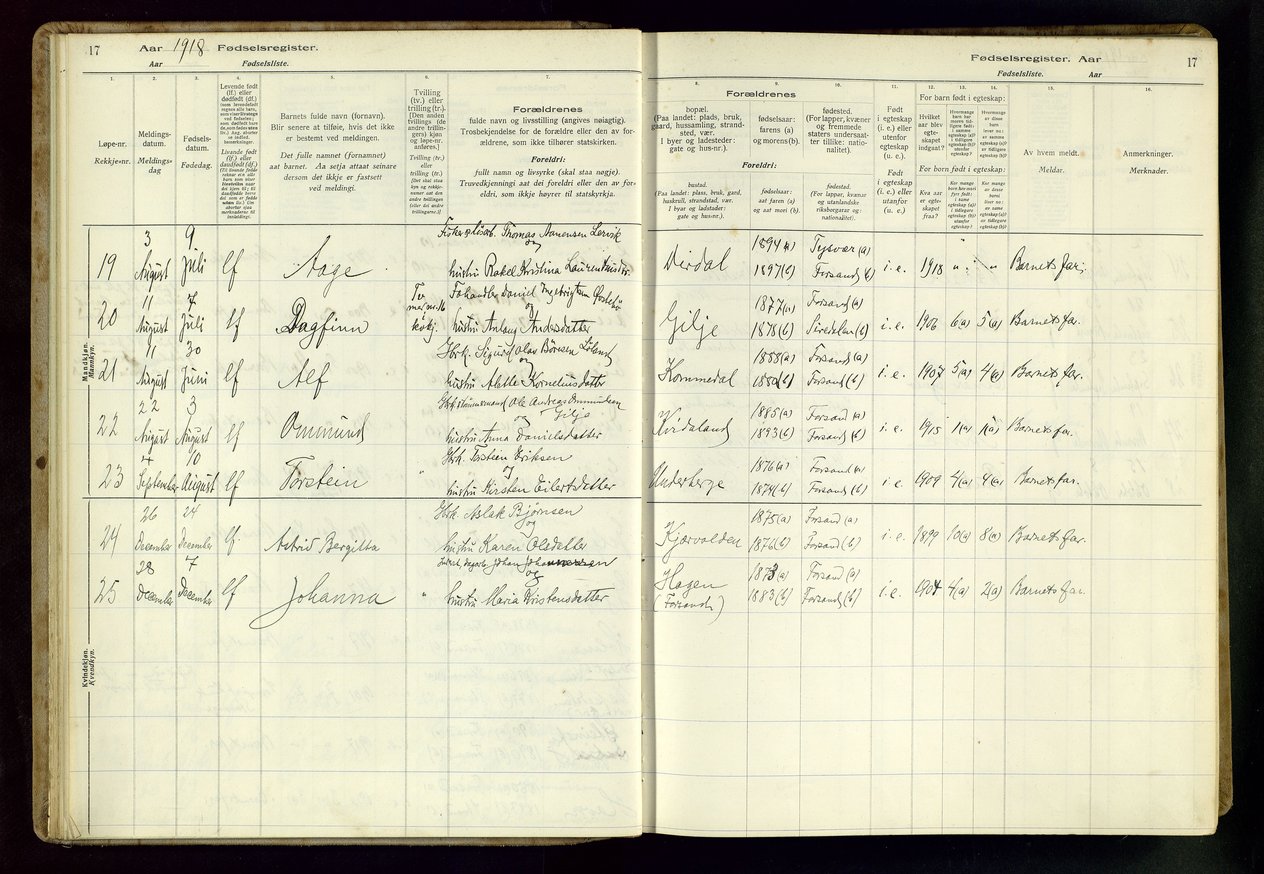 Høgsfjord sokneprestkontor, AV/SAST-A-101624/I/Id/L0002: Birth register no. 2, 1916-1959, p. 17