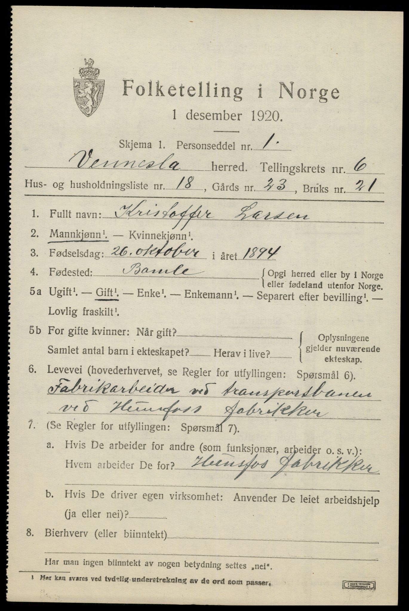 SAK, 1920 census for Vennesla, 1920, p. 4528