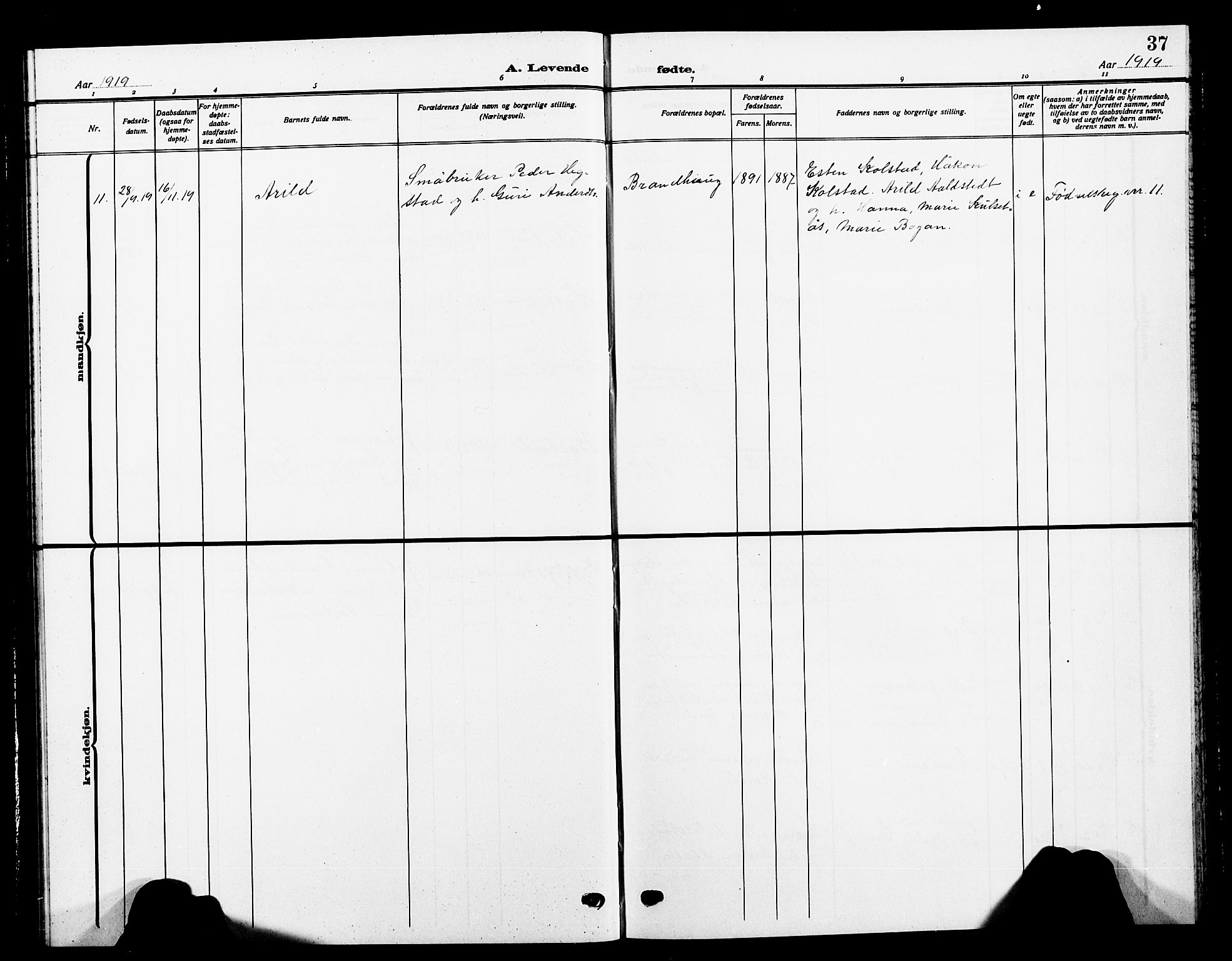 Ministerialprotokoller, klokkerbøker og fødselsregistre - Sør-Trøndelag, SAT/A-1456/618/L0453: Parish register (copy) no. 618C04, 1907-1925, p. 37