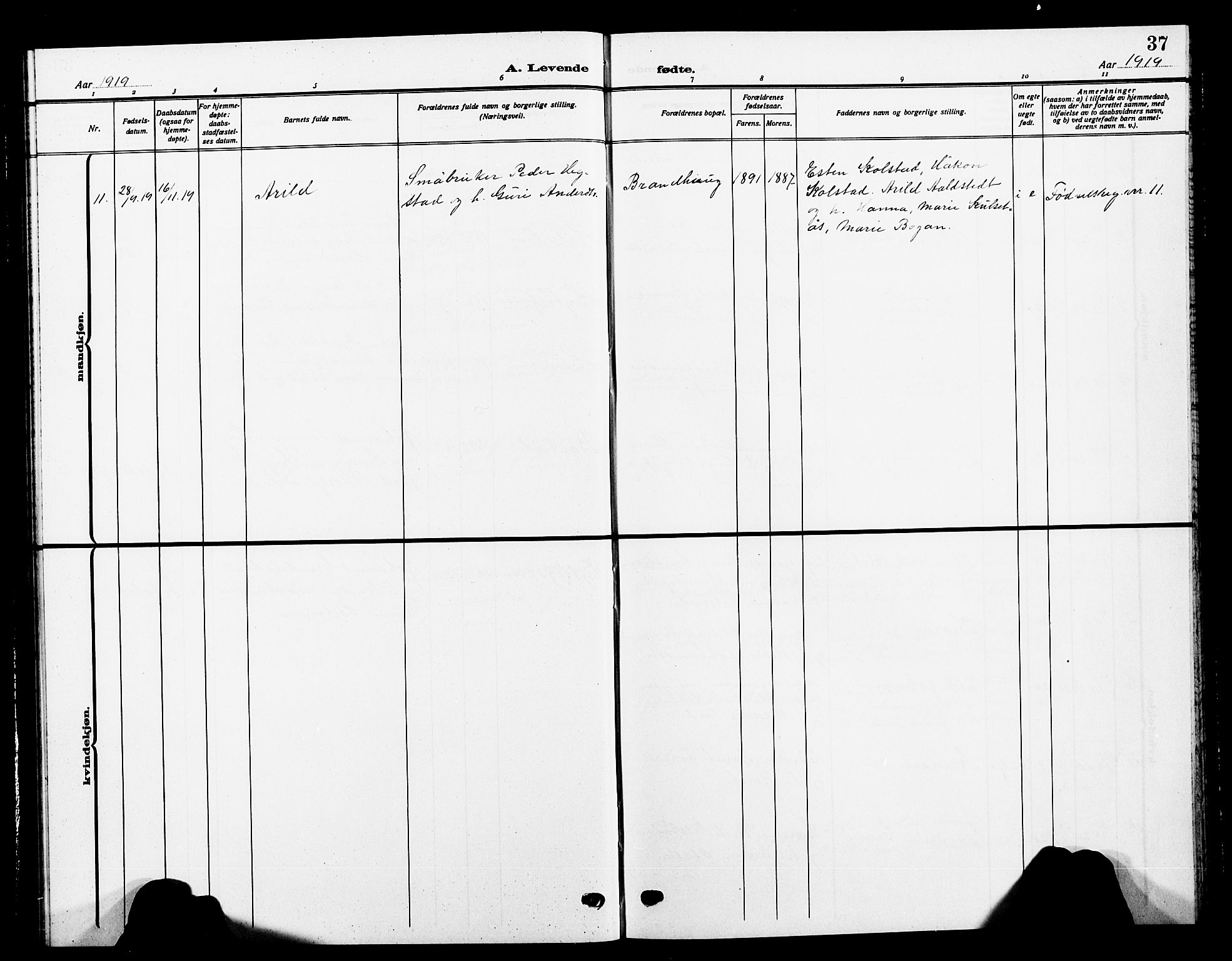 Ministerialprotokoller, klokkerbøker og fødselsregistre - Sør-Trøndelag, AV/SAT-A-1456/618/L0453: Parish register (copy) no. 618C04, 1907-1925, p. 37