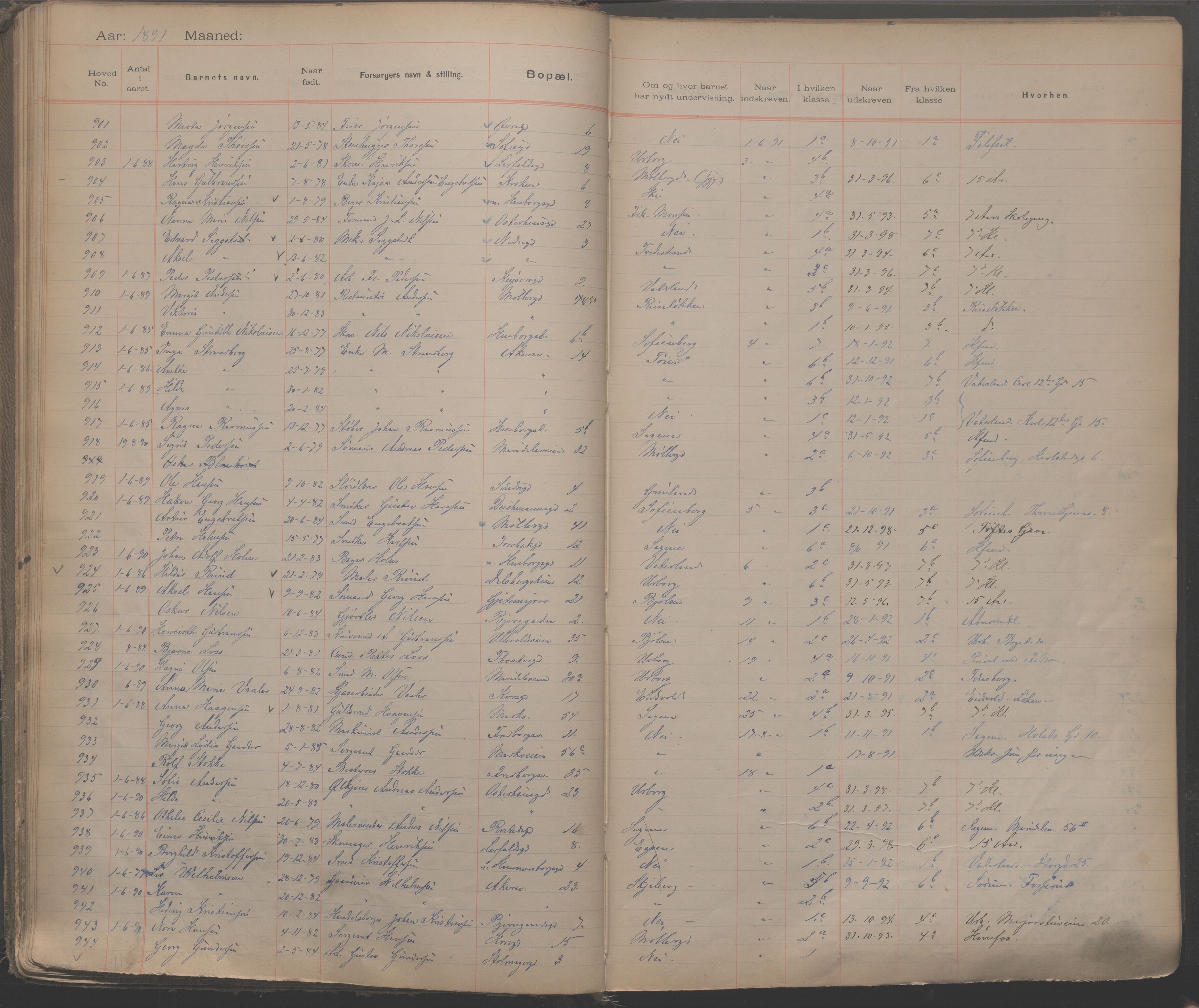 Møllergata skole, OBA/A-20129/F/Fa/L0001: Ut-/innskrivningsprotokoll, 1889-1907, p. 26