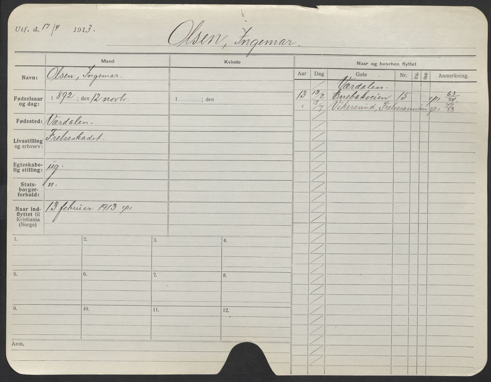 Oslo folkeregister, Registerkort, SAO/A-11715/F/Fa/Fac/L0008: Menn, 1906-1914, p. 851a