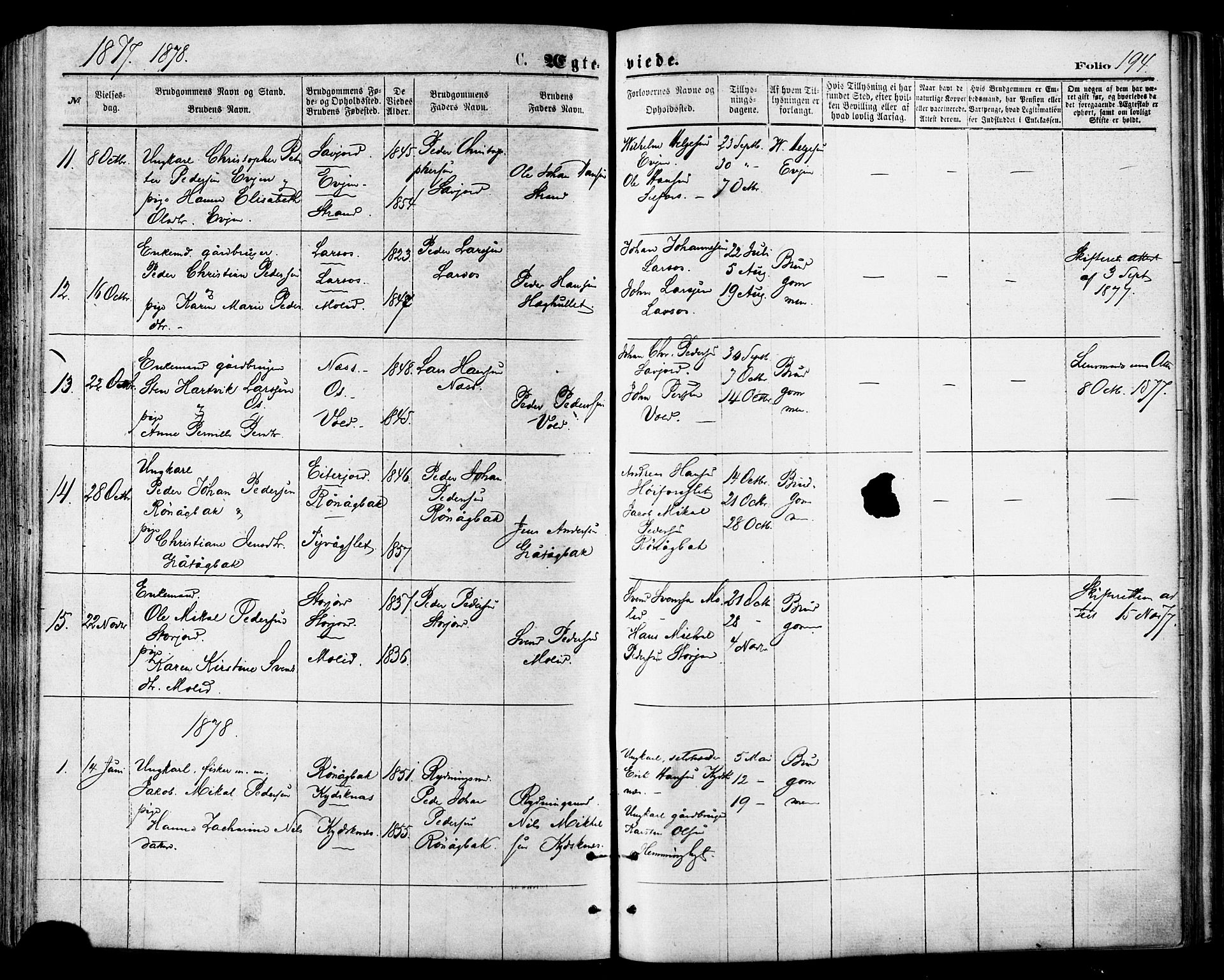 Ministerialprotokoller, klokkerbøker og fødselsregistre - Nordland, AV/SAT-A-1459/846/L0645: Parish register (official) no. 846A03, 1872-1886, p. 194
