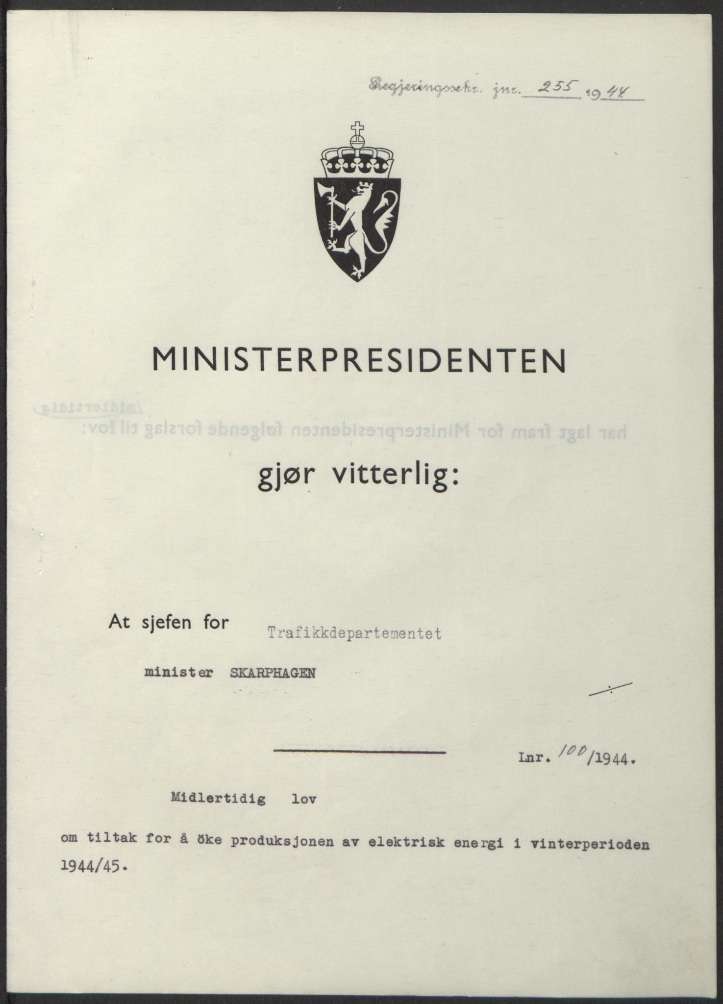 NS-administrasjonen 1940-1945 (Statsrådsekretariatet, de kommisariske statsråder mm), AV/RA-S-4279/D/Db/L0100: Lover, 1944, p. 476