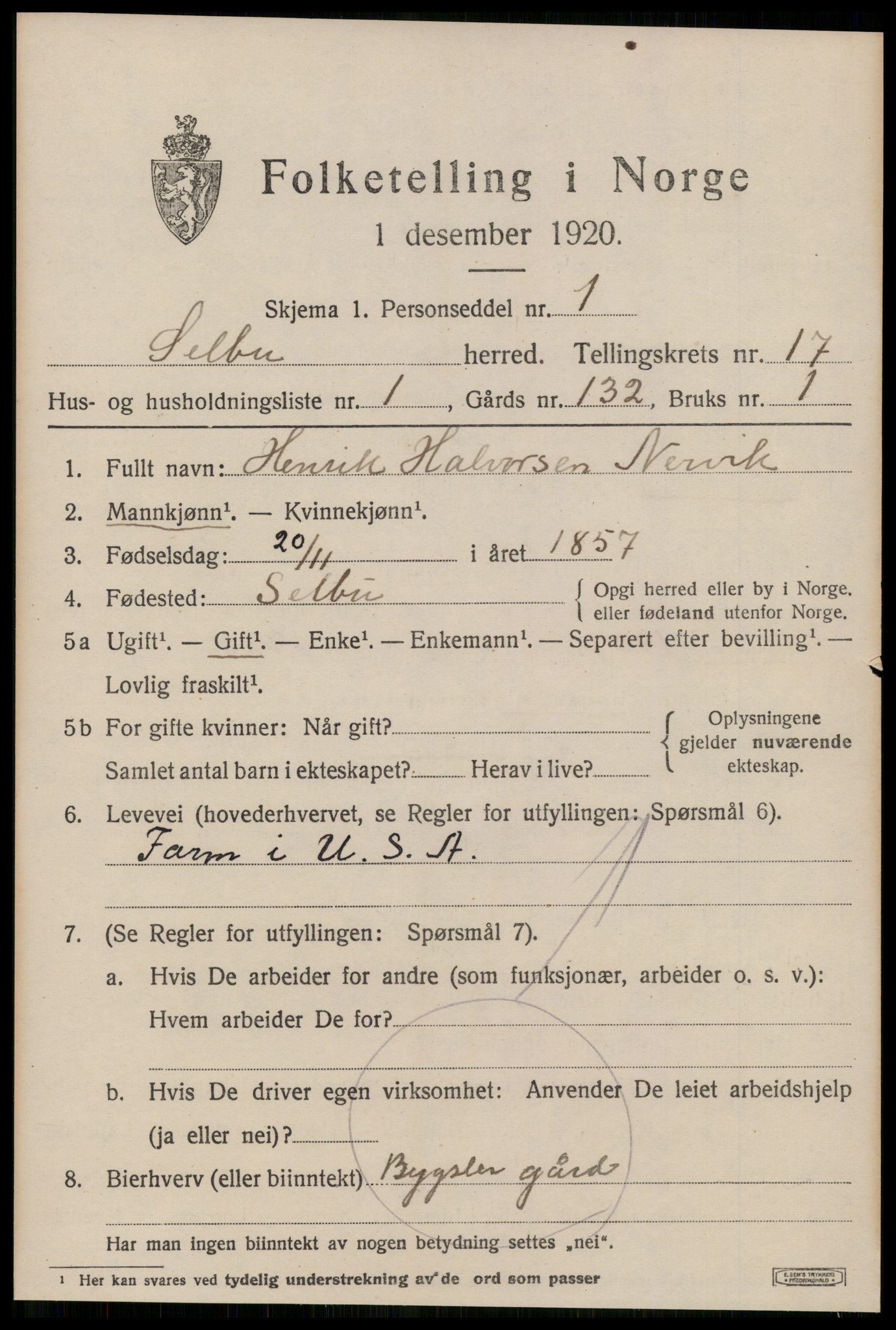 SAT, 1920 census for Selbu, 1920, p. 8880