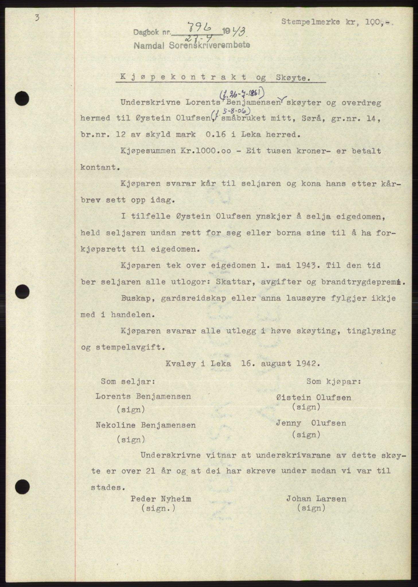 Namdal sorenskriveri, SAT/A-4133/1/2/2C: Mortgage book no. -, 1942-1943, Diary no: : 796/1943
