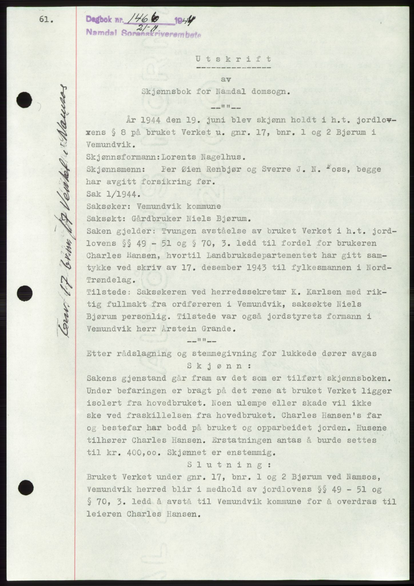 Namdal sorenskriveri, SAT/A-4133/1/2/2C: Mortgage book no. -, 1944-1945, Diary no: : 1466/1944