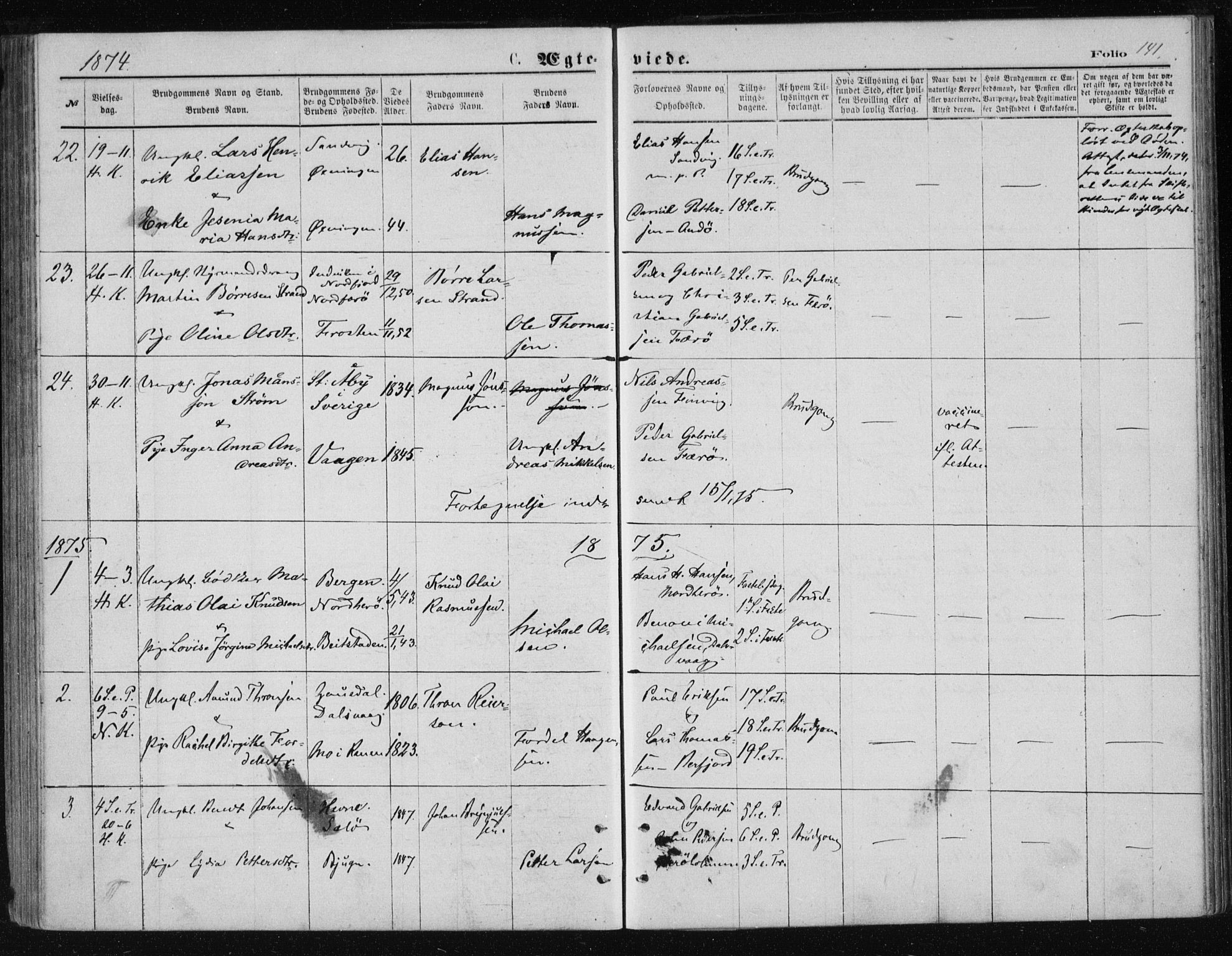 Ministerialprotokoller, klokkerbøker og fødselsregistre - Nordland, AV/SAT-A-1459/834/L0506: Parish register (official) no. 834A04, 1872-1878, p. 141