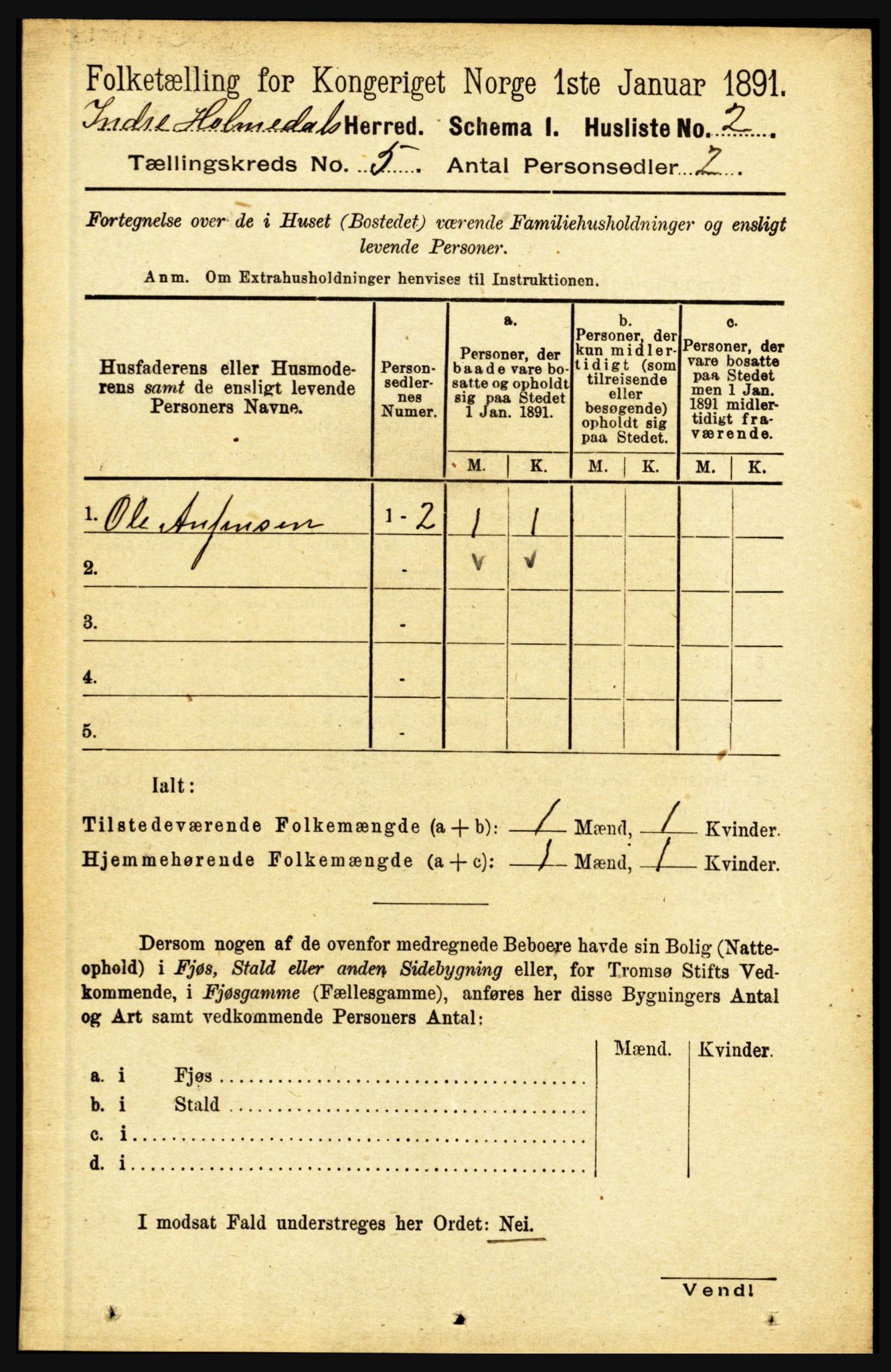 RA, 1891 census for 1430 Indre Holmedal, 1891, p. 1826