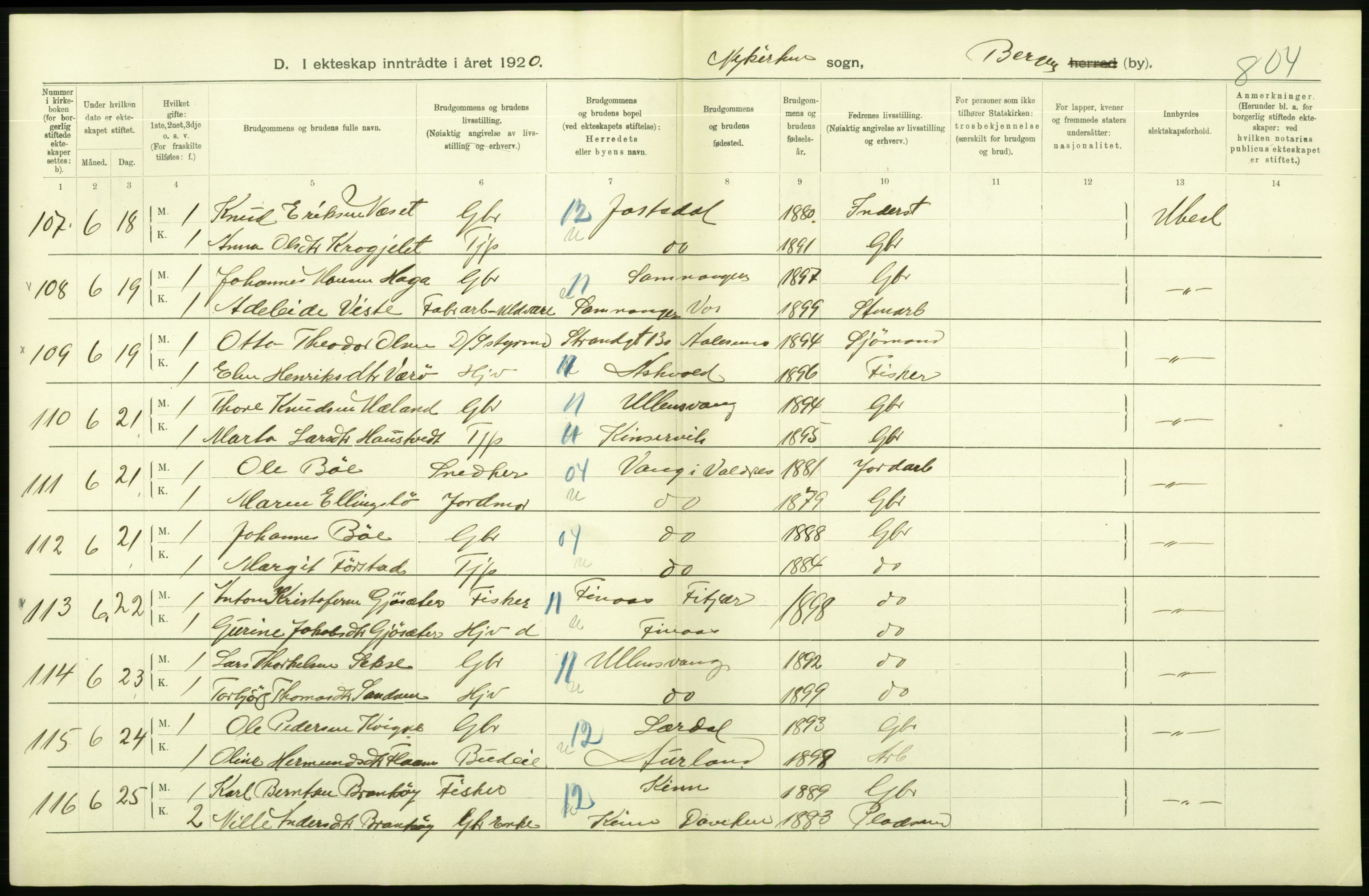 Statistisk sentralbyrå, Sosiodemografiske emner, Befolkning, AV/RA-S-2228/D/Df/Dfb/Dfbj/L0042: Bergen: Gifte, døde, dødfødte., 1920, p. 130