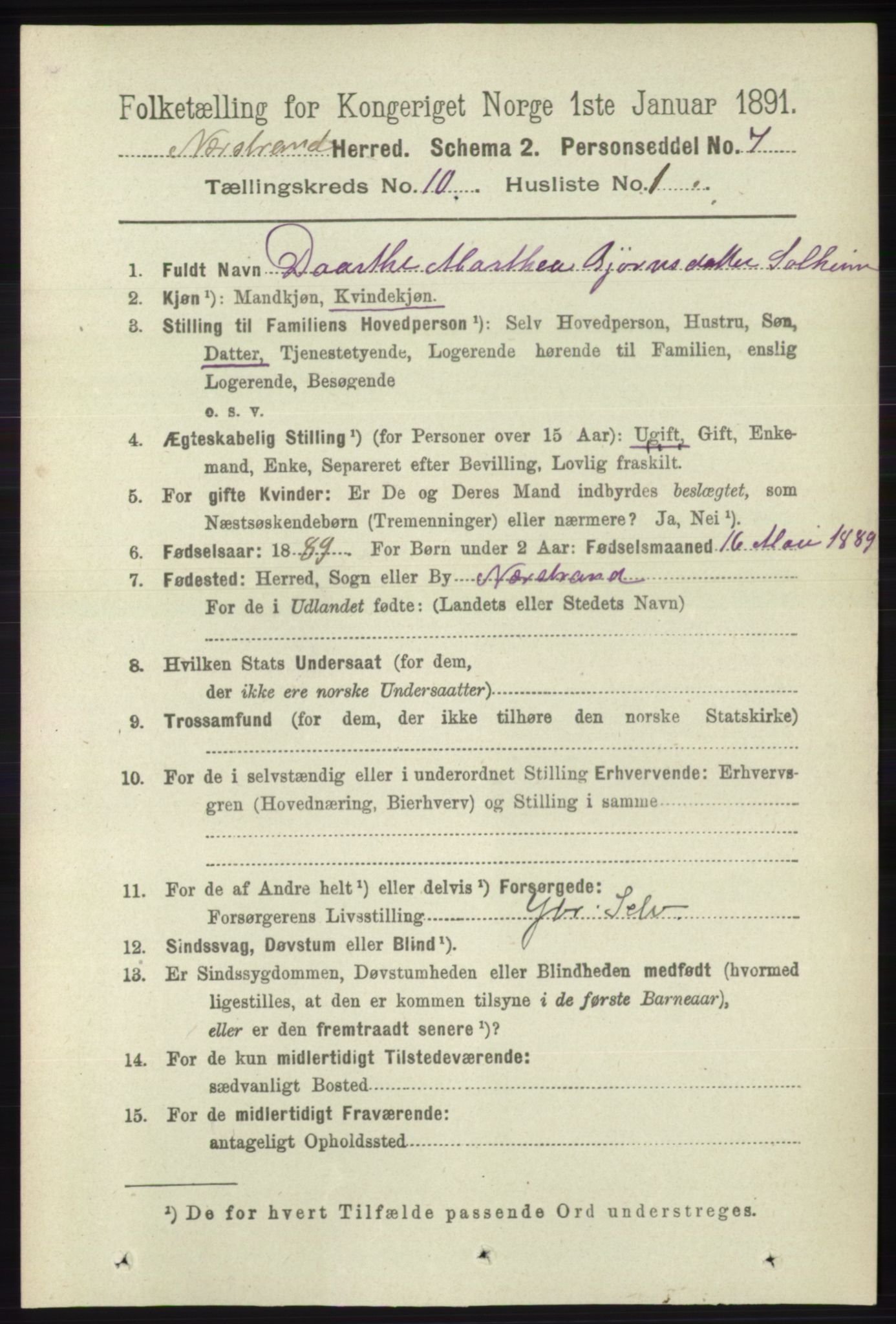 RA, 1891 census for 1139 Nedstrand, 1891, p. 1864