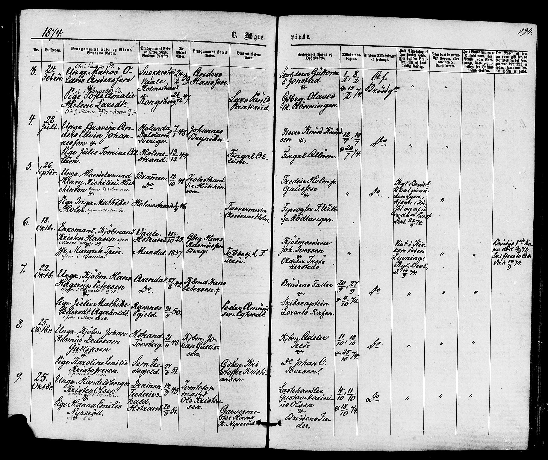 Holmestrand kirkebøker, AV/SAKO-A-346/F/Fa/L0003: Parish register (official) no. 3, 1867-1879, p. 194